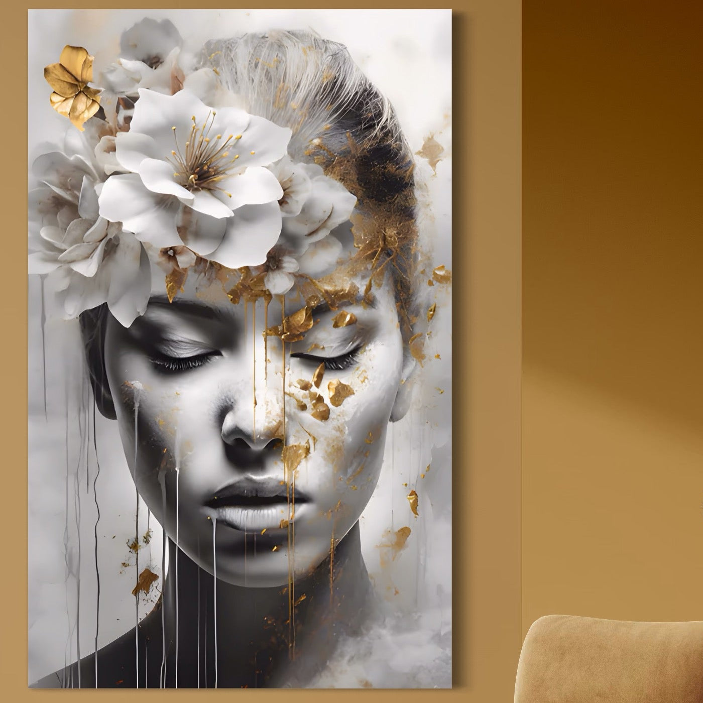 Tablou Canvas Premium LuxCanva® A1467, Chip Infloritor , Living, Fata, Flori, Linii Aurii, Decorativ, Room, Culori Vibrante