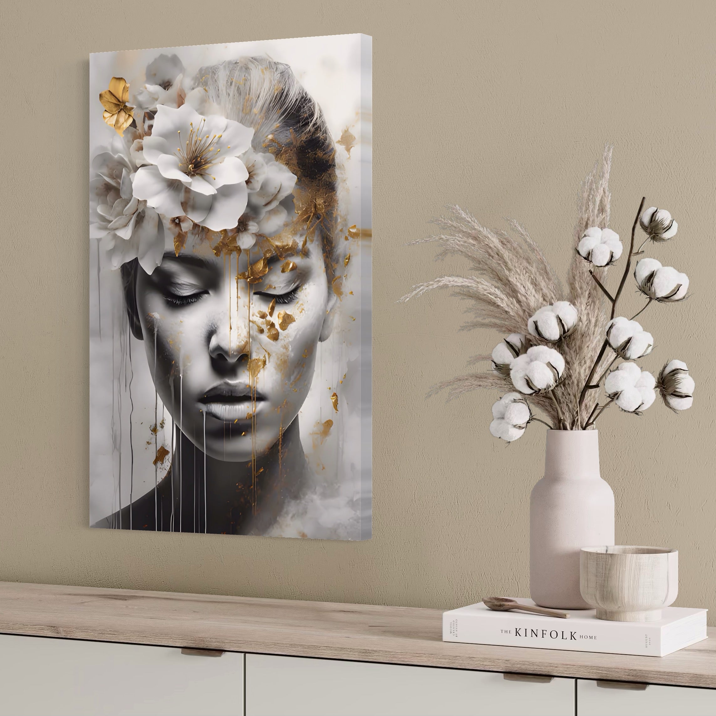 Tablou Canvas Premium LuxCanva® A1467, Chip Infloritor , Living, Fata, Flori, Linii Aurii, Decorativ, Room, Culori Vibrante