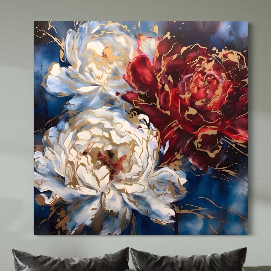 Tablou Canvas Premium LuxCanva® A1463, Linii Aurii , Flori, Trio, Foita De Aur, Room, Culori Vibrante