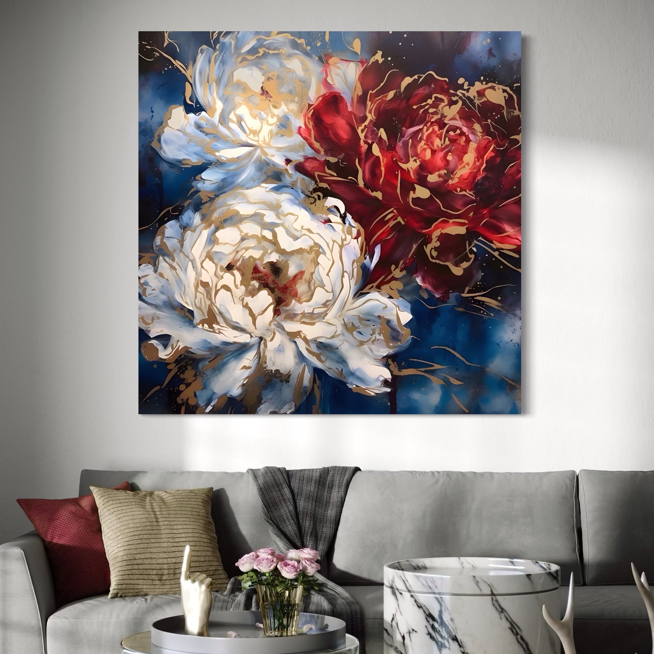 Tablou Canvas Premium LuxCanva® A1463, Linii Aurii , Flori, Trio, Foita De Aur, Room, Culori Vibrante