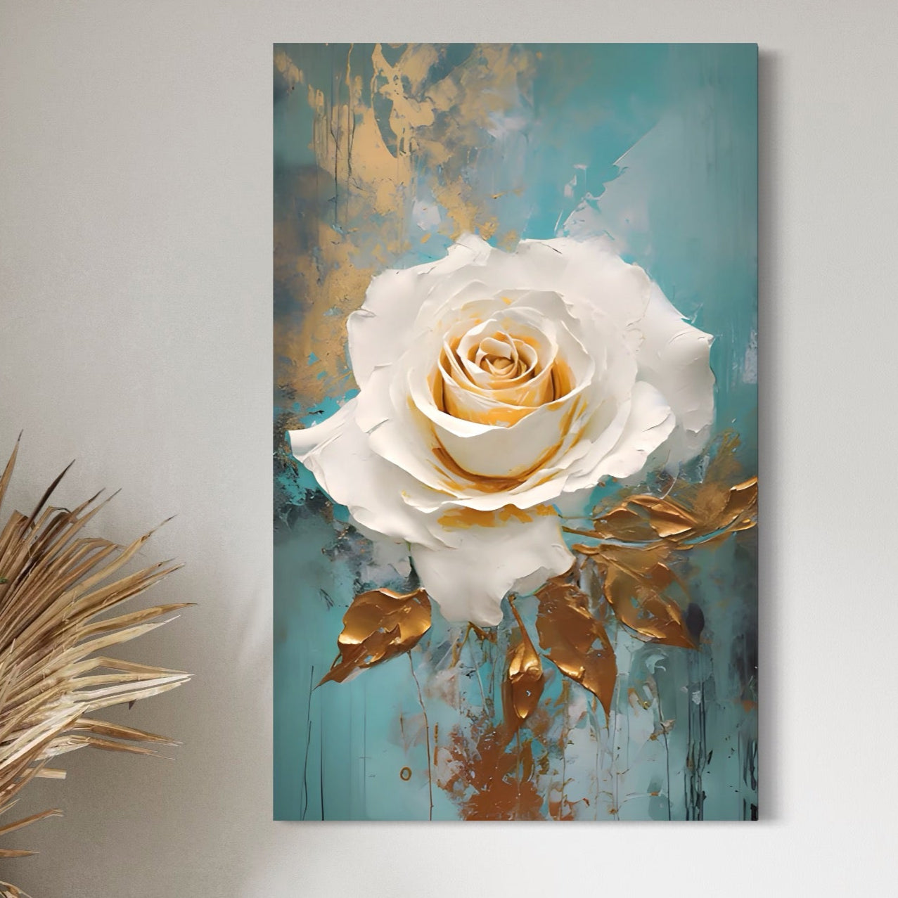 Tablou Canvas Premium LuxCanva® A1469, Trandafirul Alb ,  Room, Floare, Planta, Fir De Aur, Dormitor, Culori Vibrante