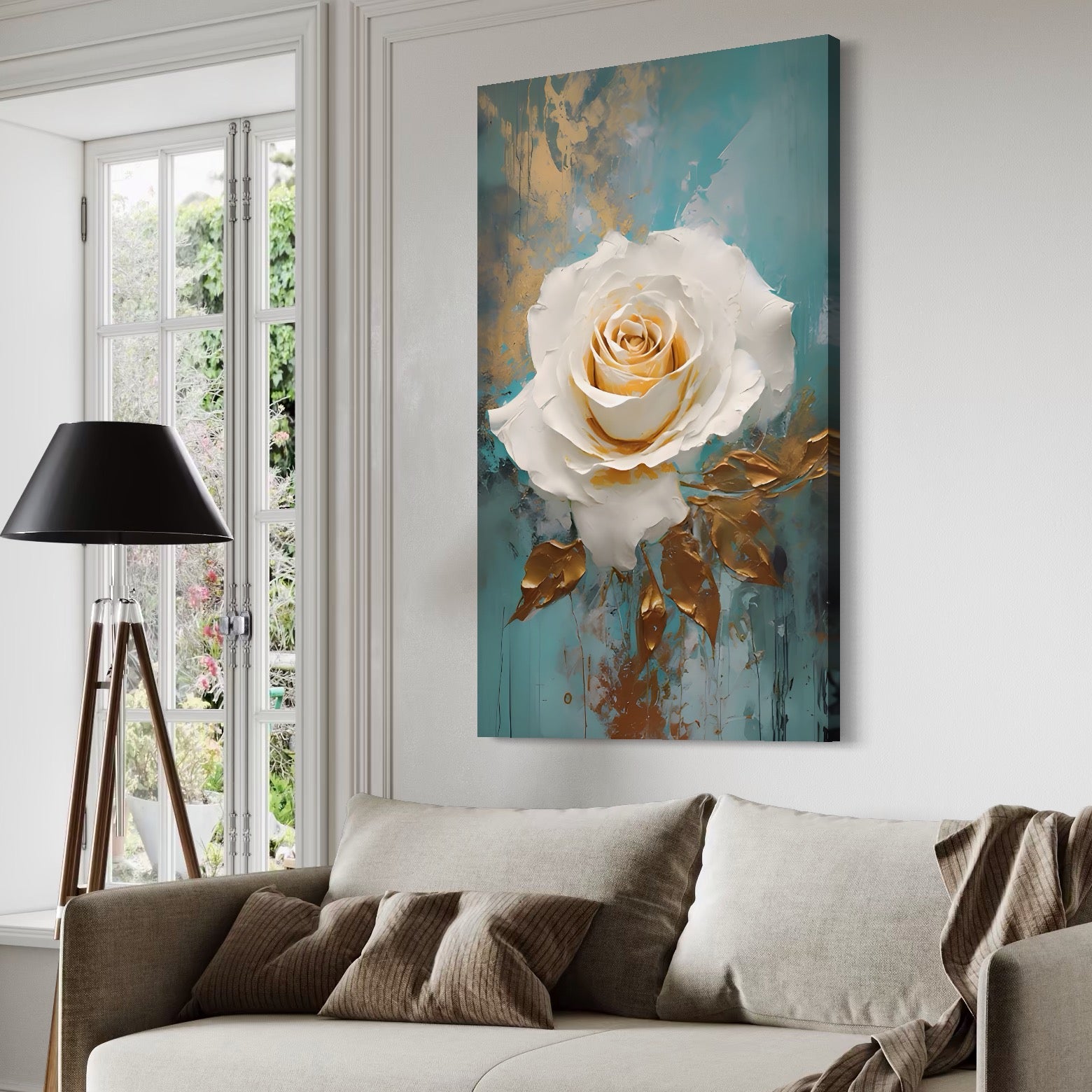 Tablou Canvas Premium LuxCanva® A1469, Trandafirul Alb ,  Room, Floare, Planta, Fir De Aur, Dormitor, Culori Vibrante