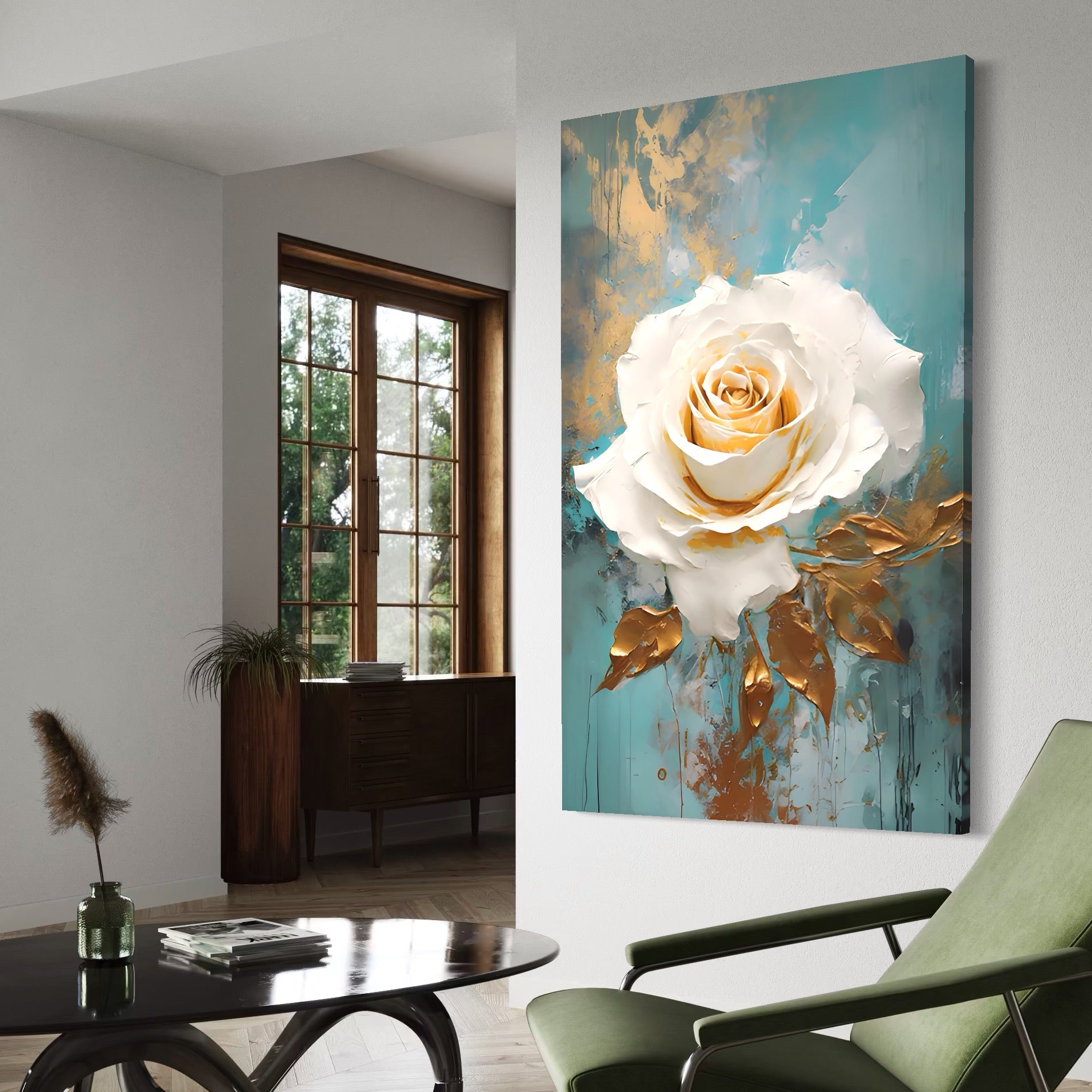 Tablou Canvas Premium LuxCanva® A1469, Trandafirul Alb ,  Room, Floare, Planta, Fir De Aur, Dormitor, Culori Vibrante