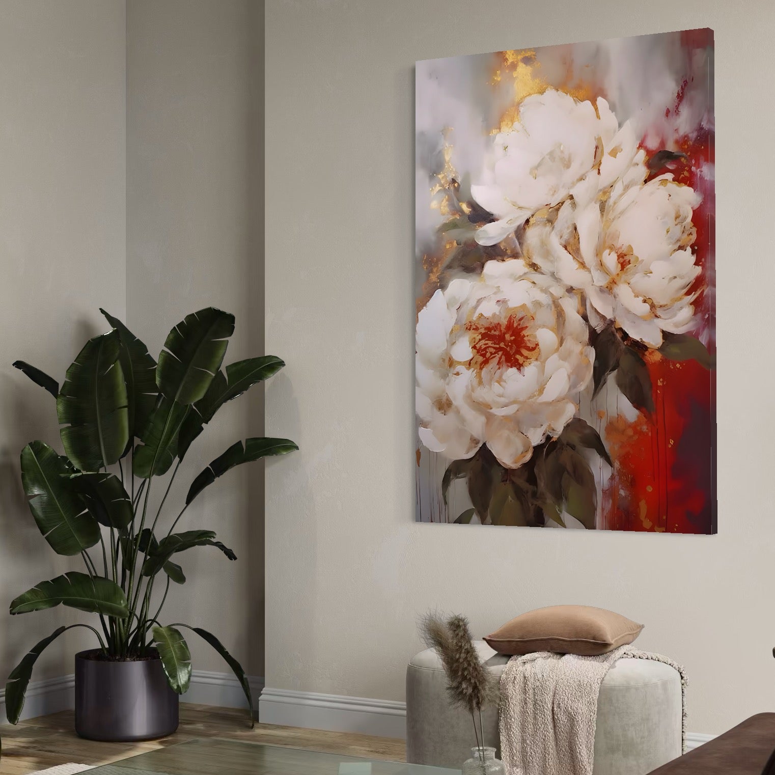 Tablou Canvas Premium LuxCanva® A1471, Textura Florala ,  Room, Planta, Bujor, Alb, Natura, Dormitor, Culori Vibrante