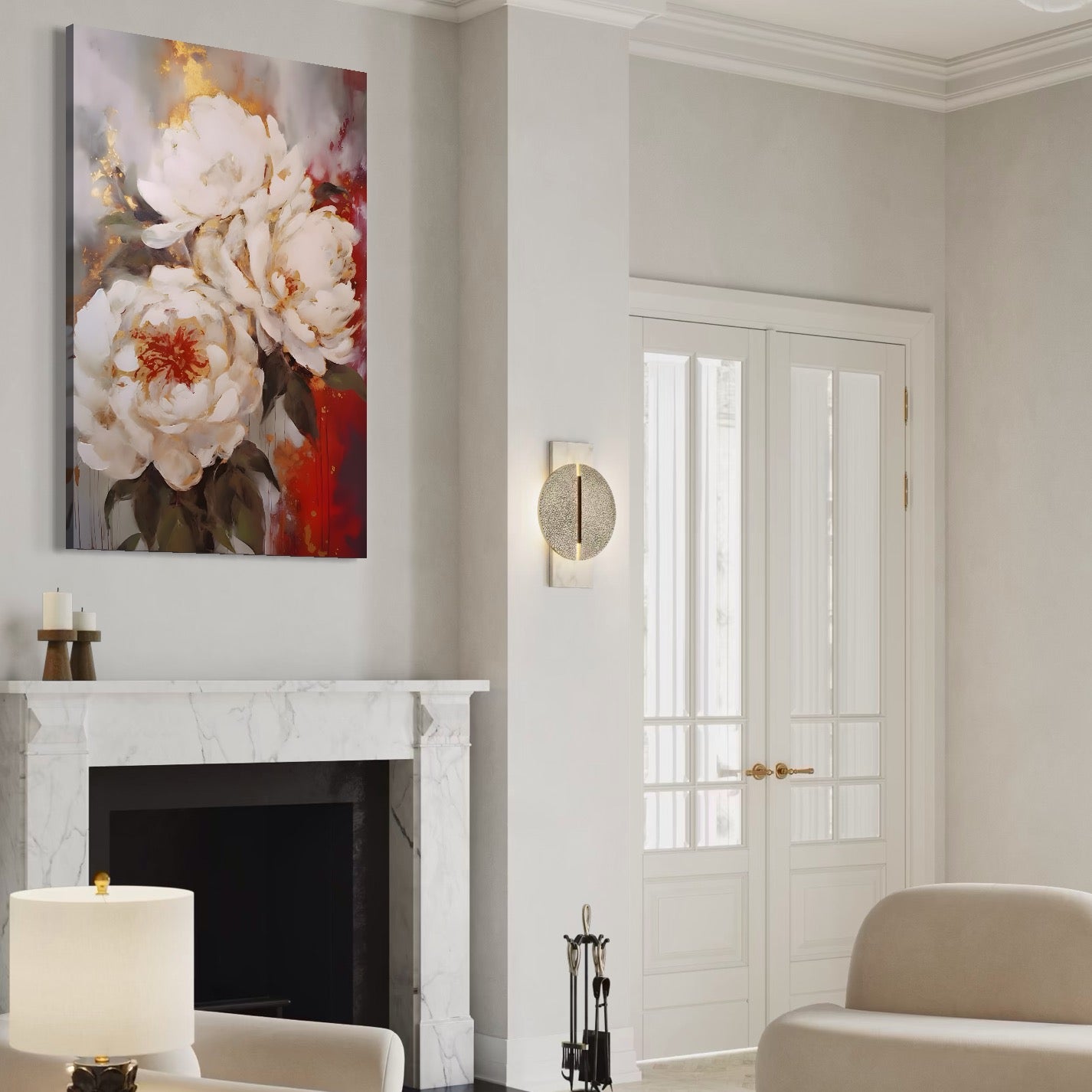 Tablou Canvas Premium LuxCanva® A1471, Textura Florala ,  Room, Planta, Bujor, Alb, Natura, Dormitor, Culori Vibrante