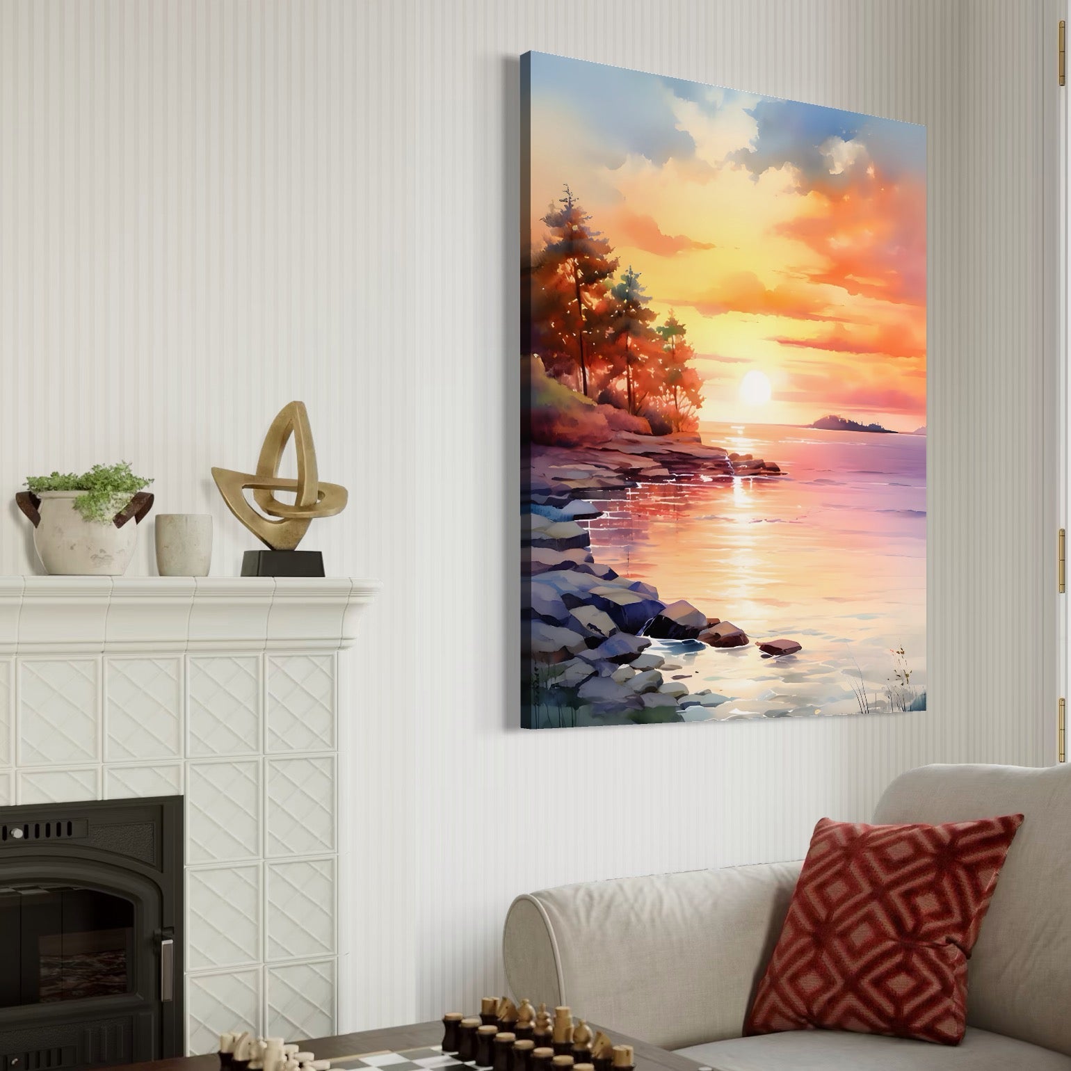 Tablou Canvas Premium LuxCanva® A1480, Picaturi De Apus , Living, Peisaj, Copaci, Stanci, Apa, Room, Culori Vibrante