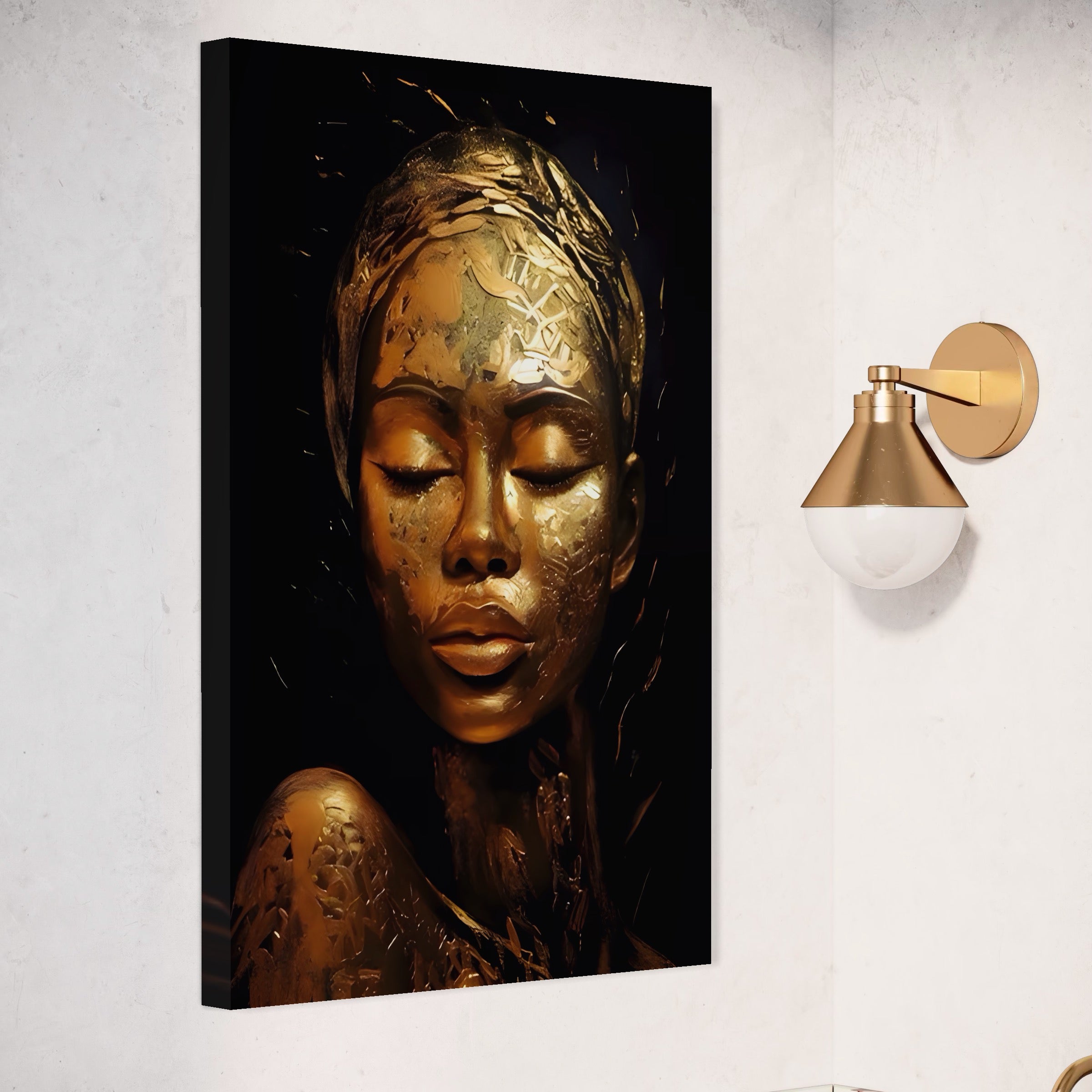 Tablou Canvas Premium LuxCanva® A1485, Lady African ,  Living, Femeie, Aur, Ciocolata, Visator, Dormitor, Culori Vibrante