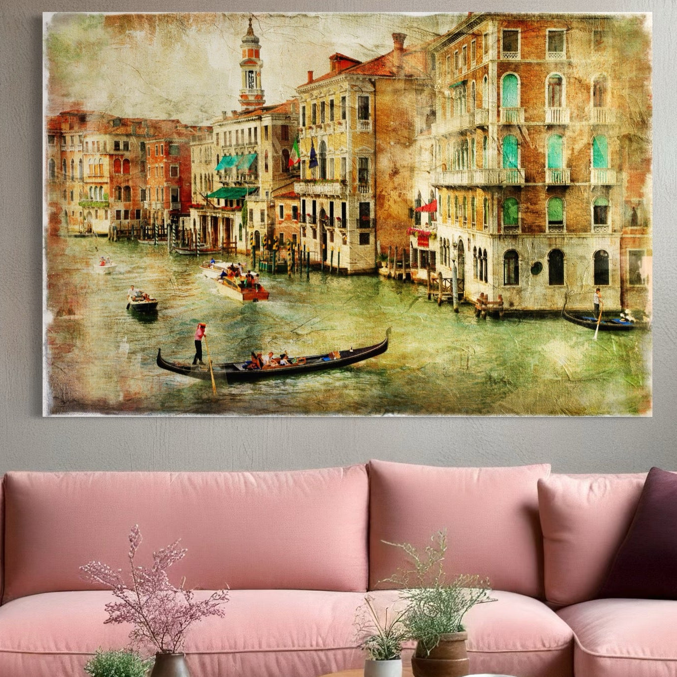 Tablou Canvas Premium LuxCanva® A1070, Plimbare Cu Gondola , Oameni, Canal Grande, Barci, Case, Culori Vibrante