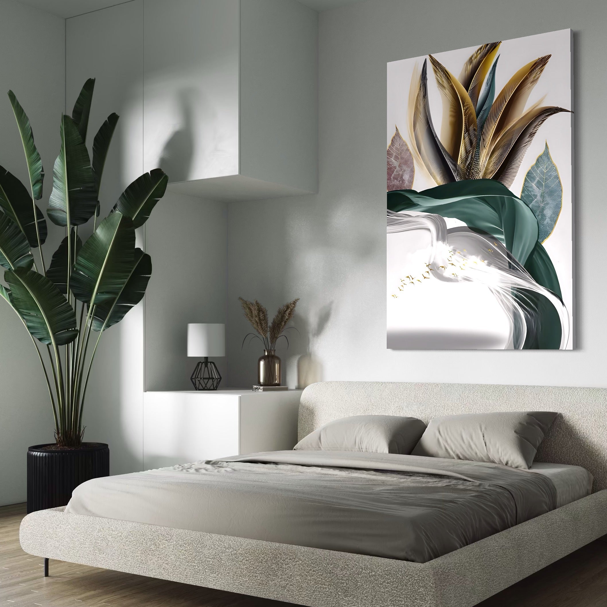 Tablou Canvas Premium LuxCanva® A1500, Green Leaf , Decorativ, Dormitor, Frunza, Pasari, Val, Living, Culori Vibrante