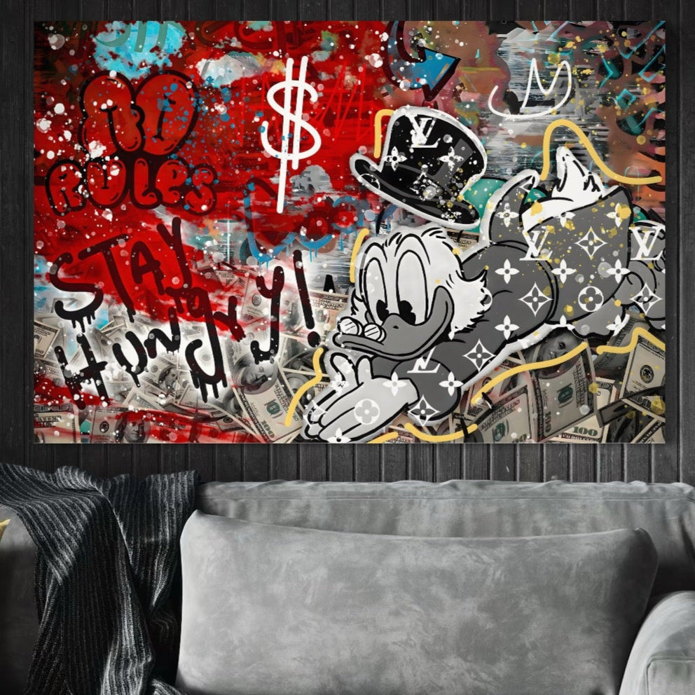 Tablou Canvas Premium, LuxCanva® A1195, Stay Scrooge McDuck, Birou, Motivational, Cash, Desene Animate, Living, Culori Vibrante