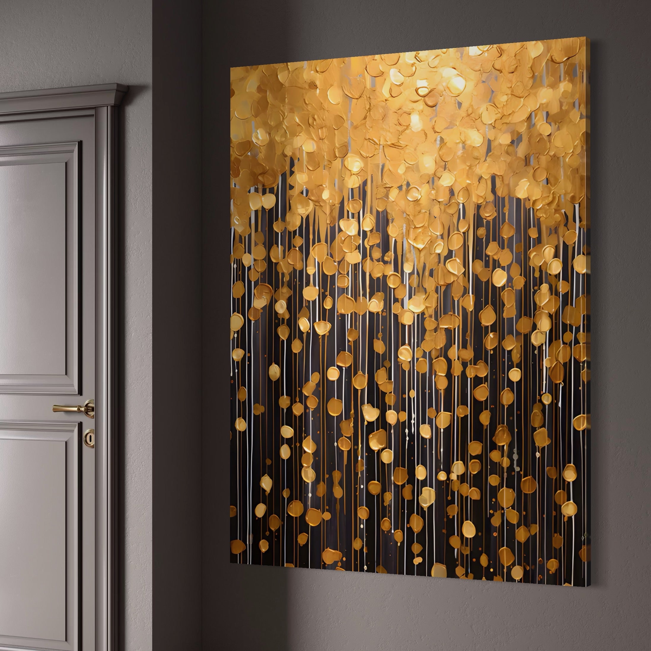 Tablou Canvas Premium LuxCanva® A1507, Ploaie De Lumini , Perdea Luminata, Auriu, Abstract, Decorativ, Room, Culori Vibrante