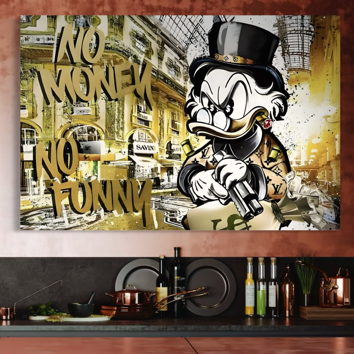 Tablou Canvas Premium, LuxCanva® A1316, No Money! No Funny! Living, Scooge Duck, Personaj, Desene, Rata, Animate, Birou, Culori Vibrante