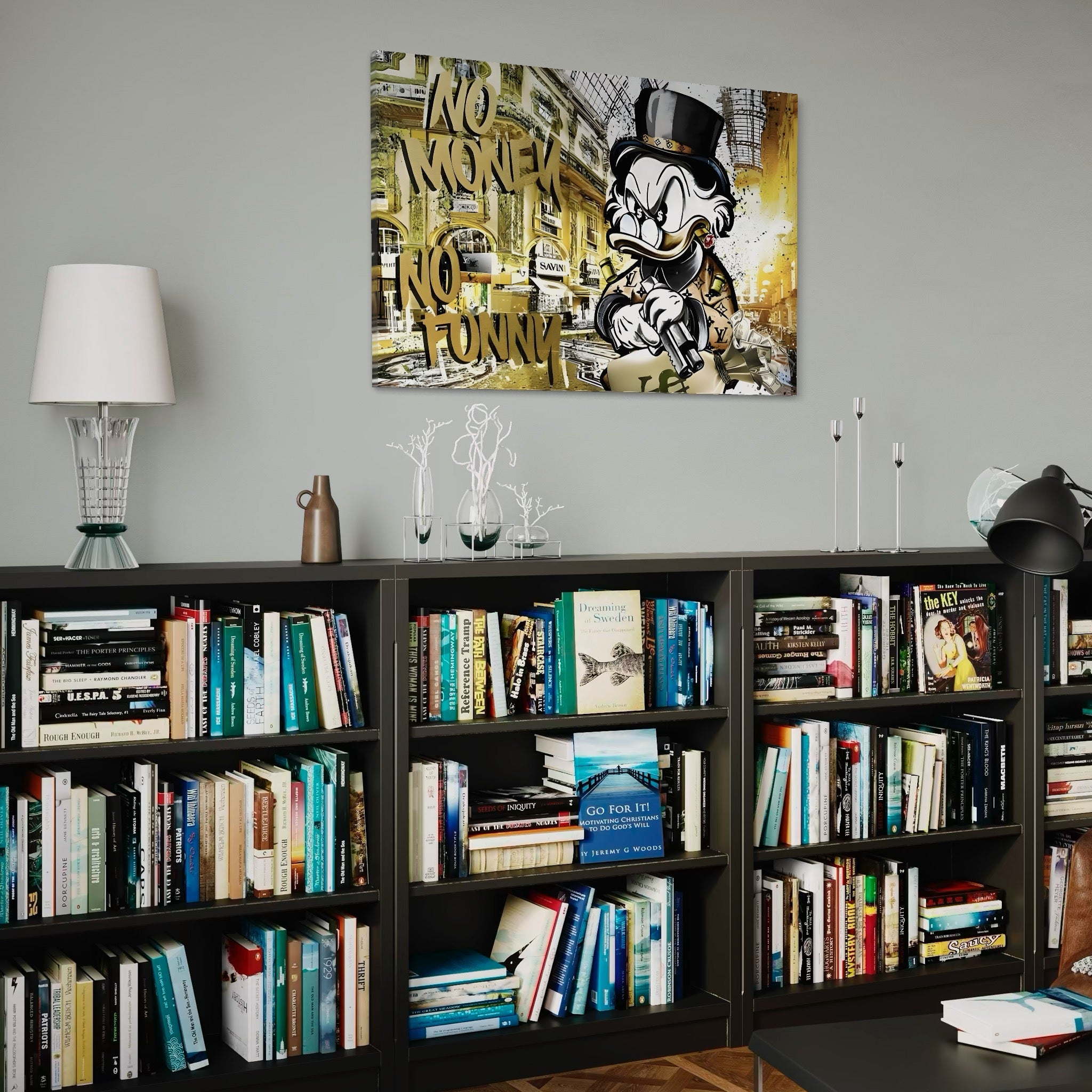 Tablou Canvas Premium, LuxCanva® A1316, No Money! No Funny! Living, Scooge Duck, Personaj, Desene, Rata, Animate, Birou, Culori Vibrante