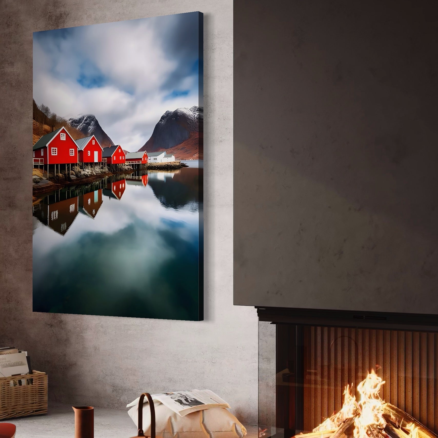 Tablou Canvas Premium LuxCanva® A1515, Red Houses , Room, Reflexie, Apa, Munte, Vacanta, Living, Culori Vibrante