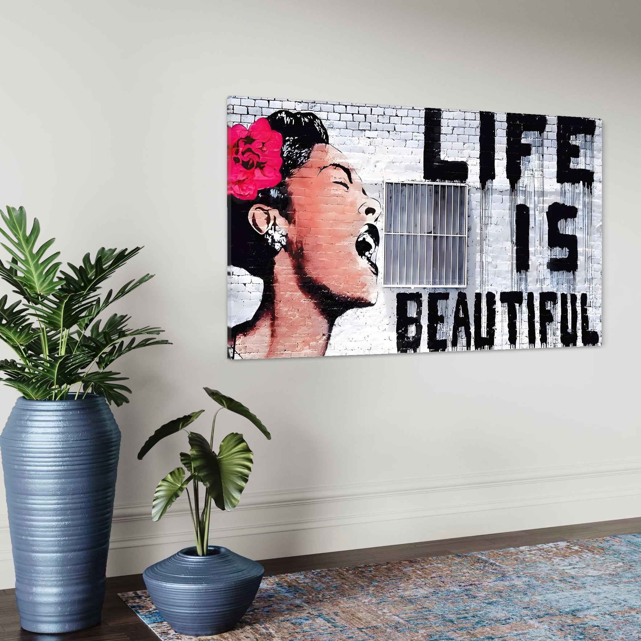 Tablou Canvas Premium LuxCanva® A1517, Viata Este Frumoasa , Femeie, Strigat, Graffiti, Decorativ, Living, Culori Vibrante