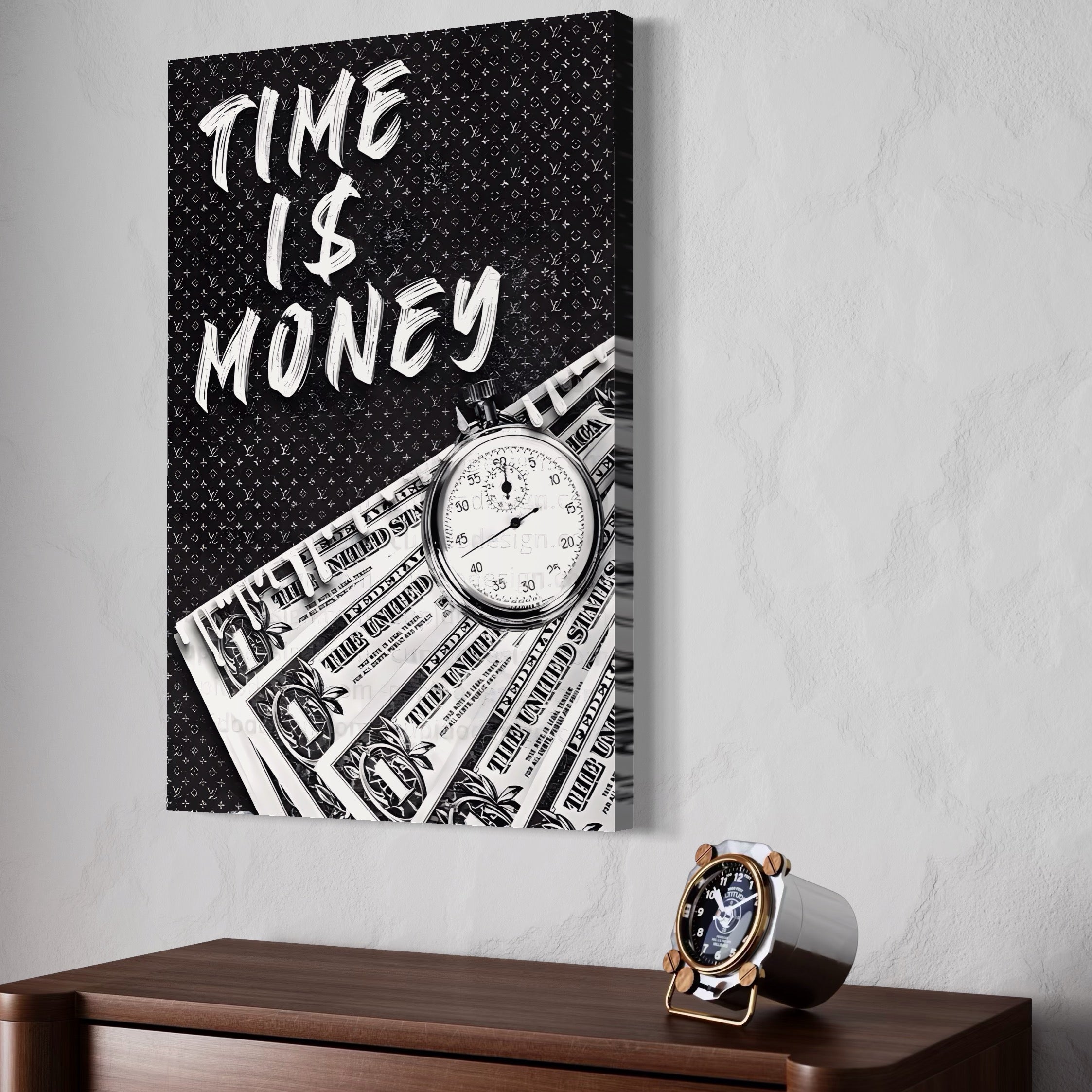 Tablou Canvas Premium LuxCanva® A1521, Time Is Money ,  Room, Ceas, Timp, Munca, Motivational, Dormitor, Culori Vibrante