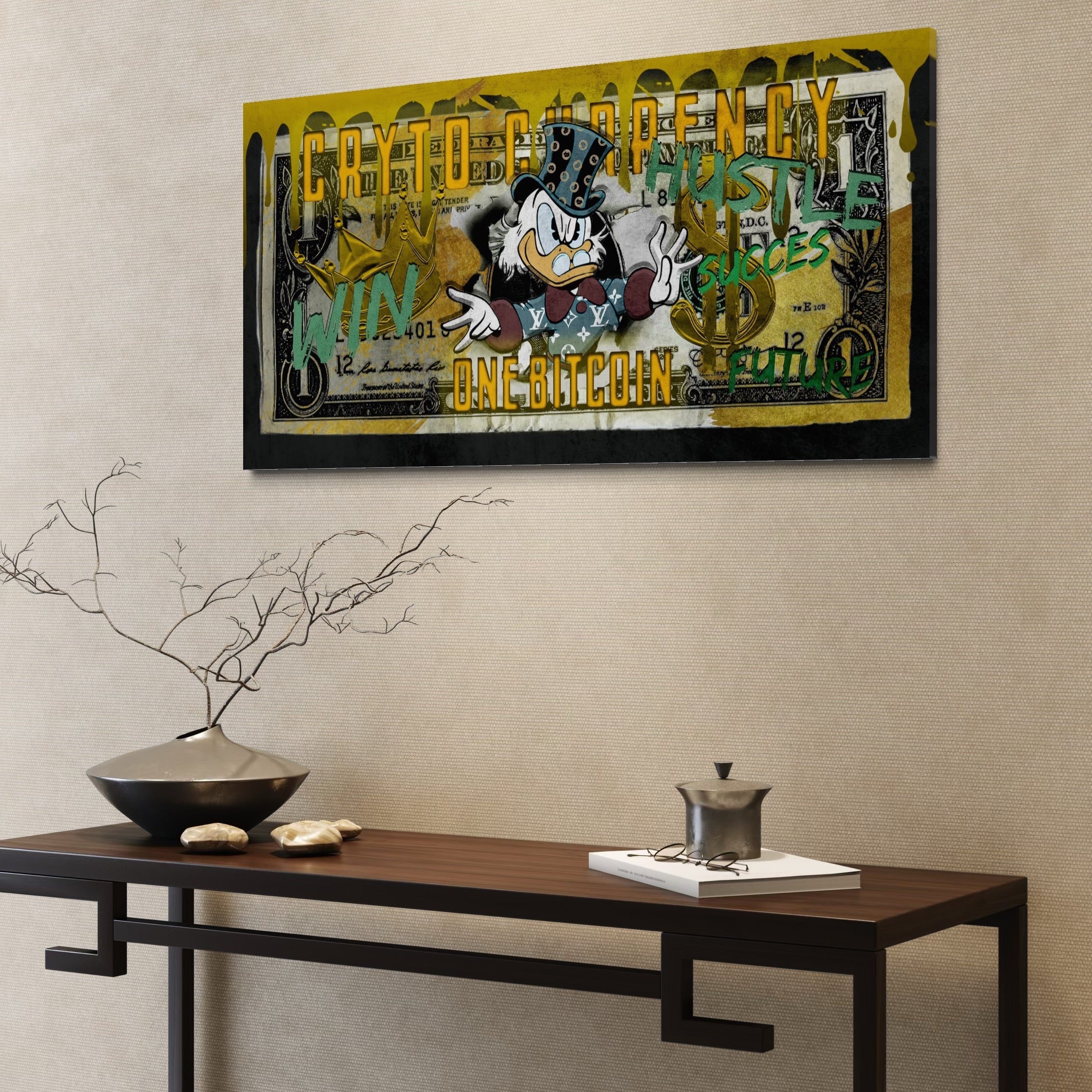 Tablou Canvas Premium, LuxCanva® B1025 Donald Duck Bitcoin, Donald Duck, Bani, Bitcoin, Crypto, Culori Vibrante