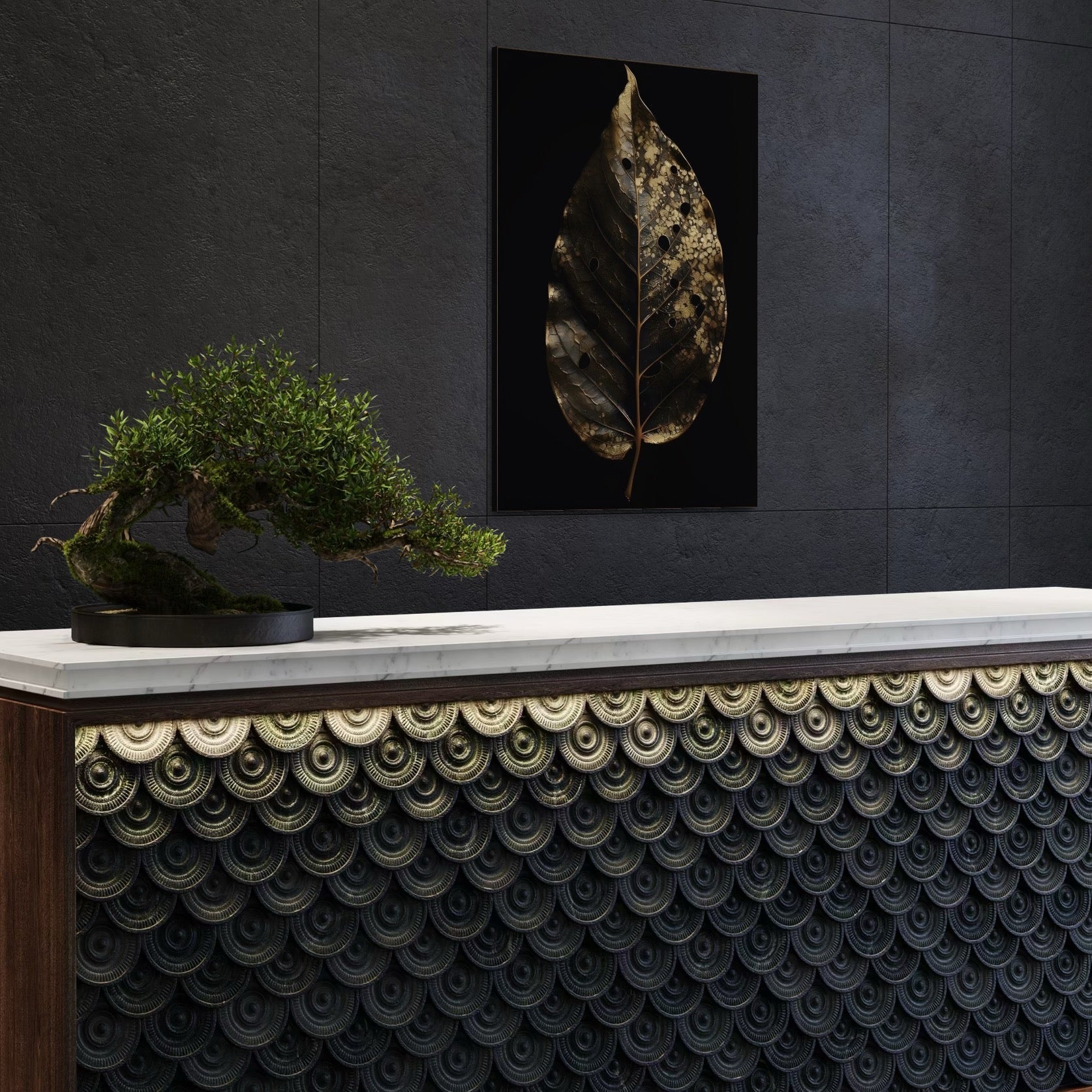 Tablou Canvas Premium, LuxCanva® A1530, Black Leaf , Living, Decorativ, Frunza, Natura, Auriu, Culori Vibrante