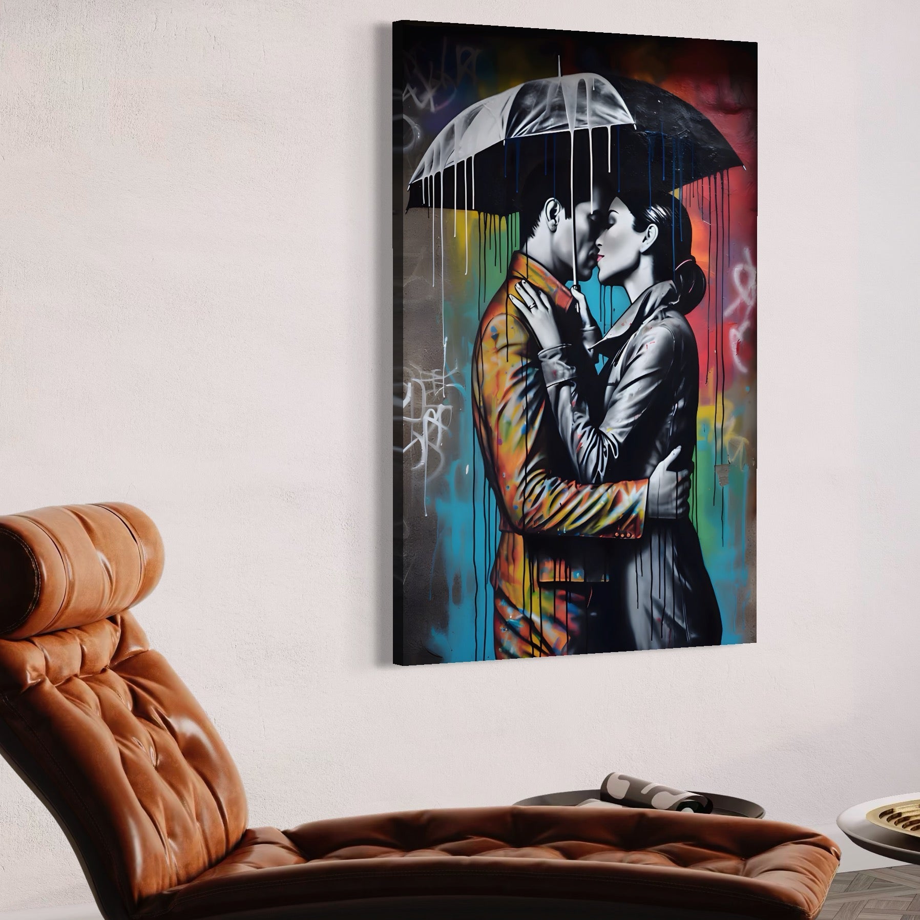 Tablou Canvas Premium LuxCanva® A1540, Romantic Rain , Dormitor, Cuplu, Ploaie, Umbrela, Living, Culori Vibrante