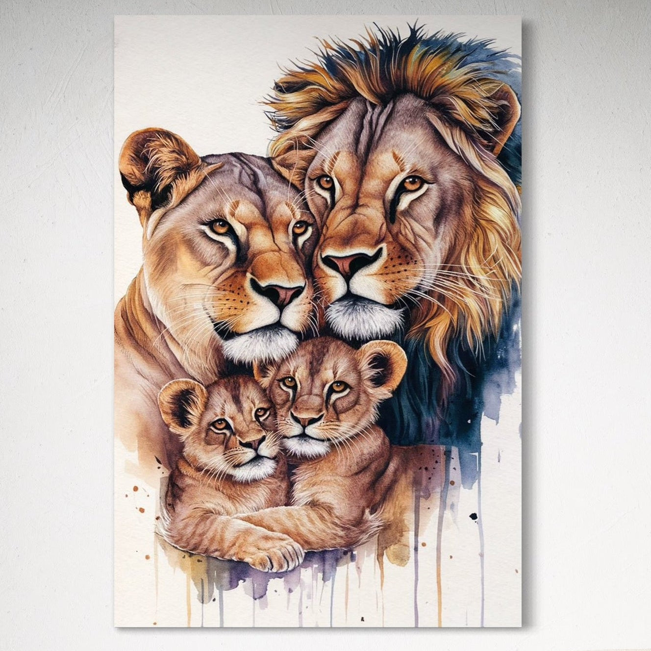 tablou canvas cu patru lei, intr-un portret de familie, pictati in nuante calde si reci pe fundal alb