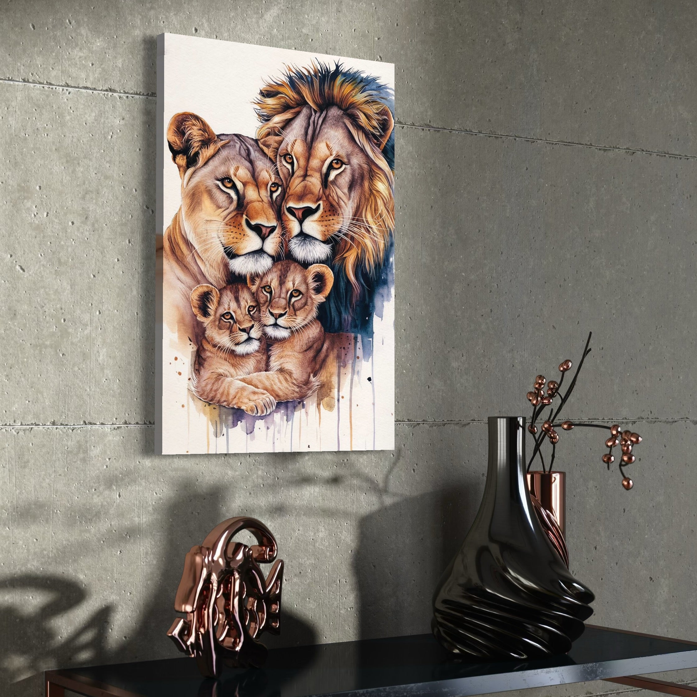 tablou canvas cu patru lei, intr-un portret de familie, pictati in nuante calde si reci pe fundal alb