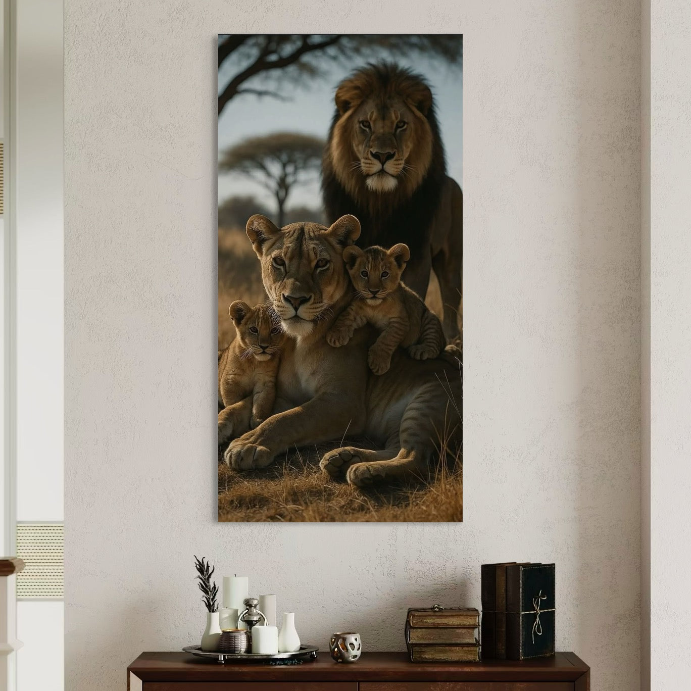 tablou canvas cu o familie de lei cu doi pui, intr-un cadru natural de savana