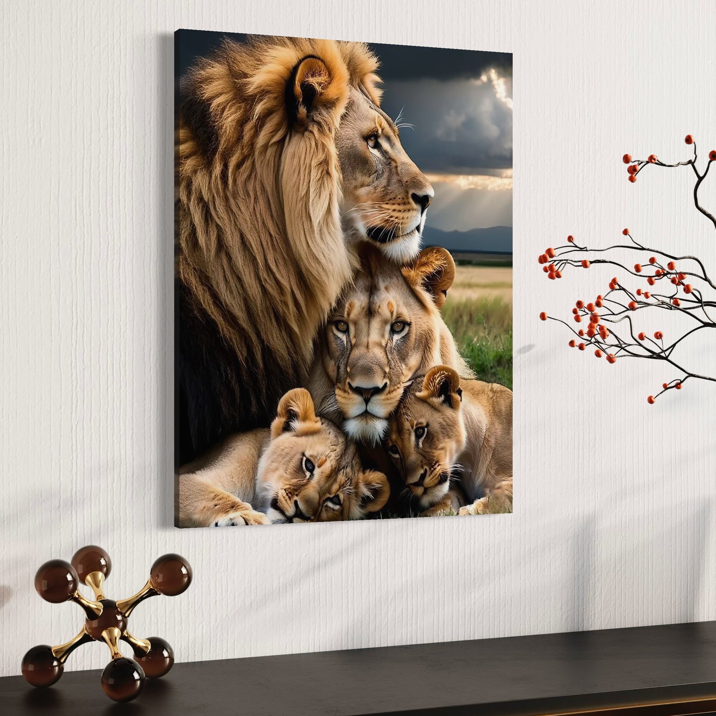 tablou canvas cu o familie de lei, cu doi pui pe fundal cu peisaj luminos din natura