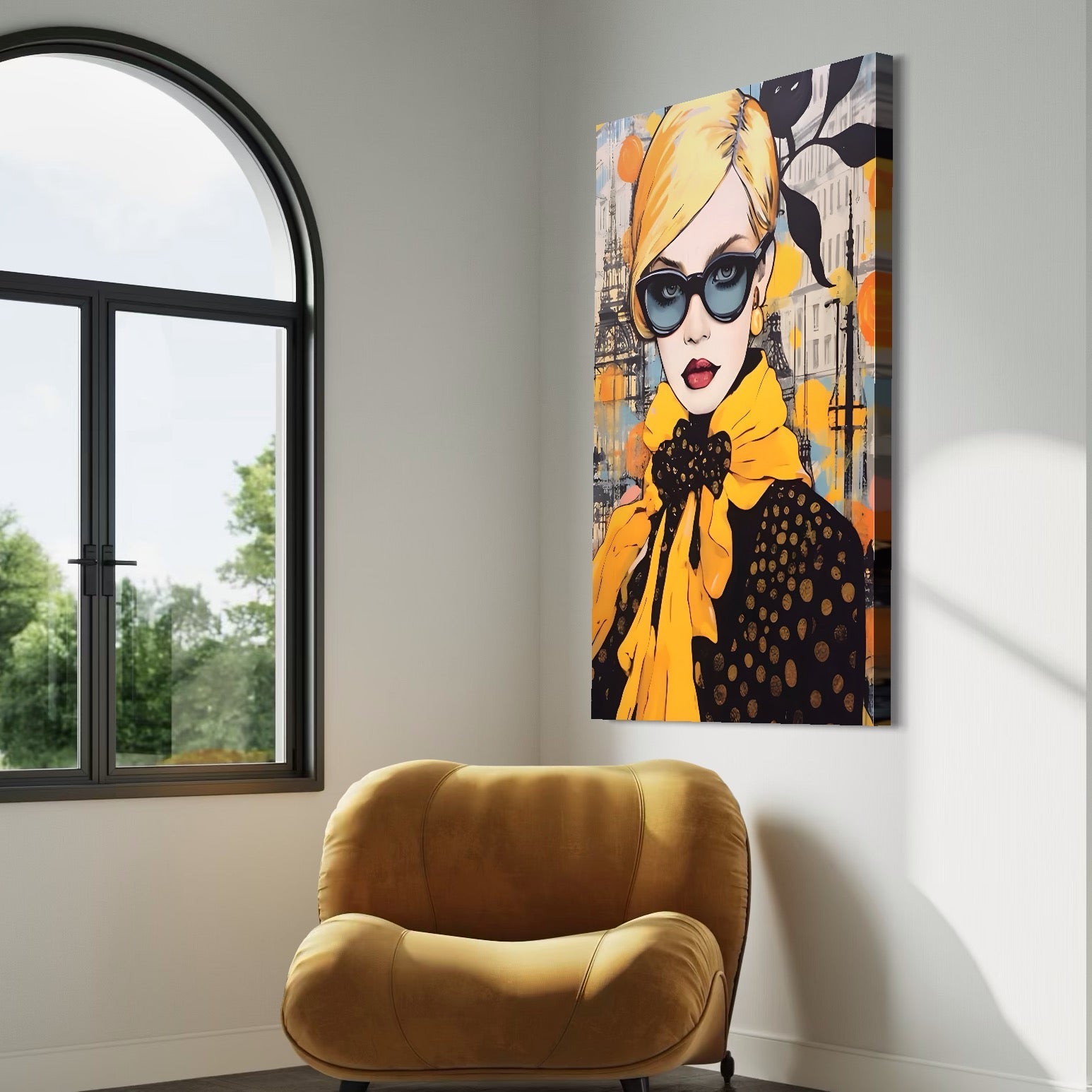 Tablou Canvas Premium LuxCanva® A1553, Fata Cu Esarfa ,  Decorativ, Dormitor, Ochelari De Soare, Cool, Moda, Living, Culori Vibrante