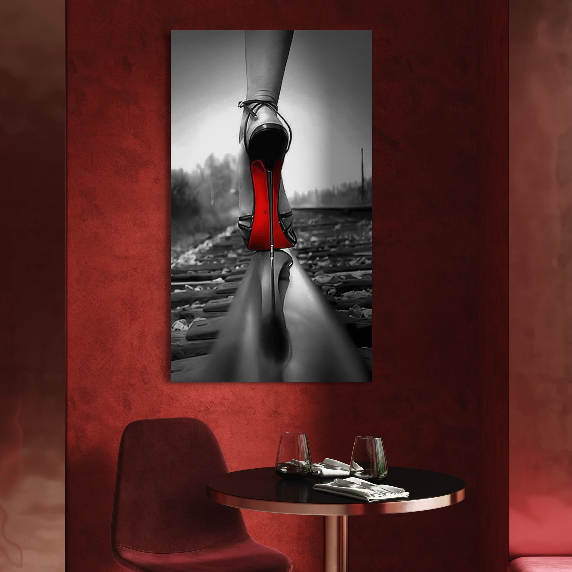 tablou canvas cu un pantof cu toc subtire si talpa rosie, pe o sina de tren, intr-un cadru provocator alb si negru