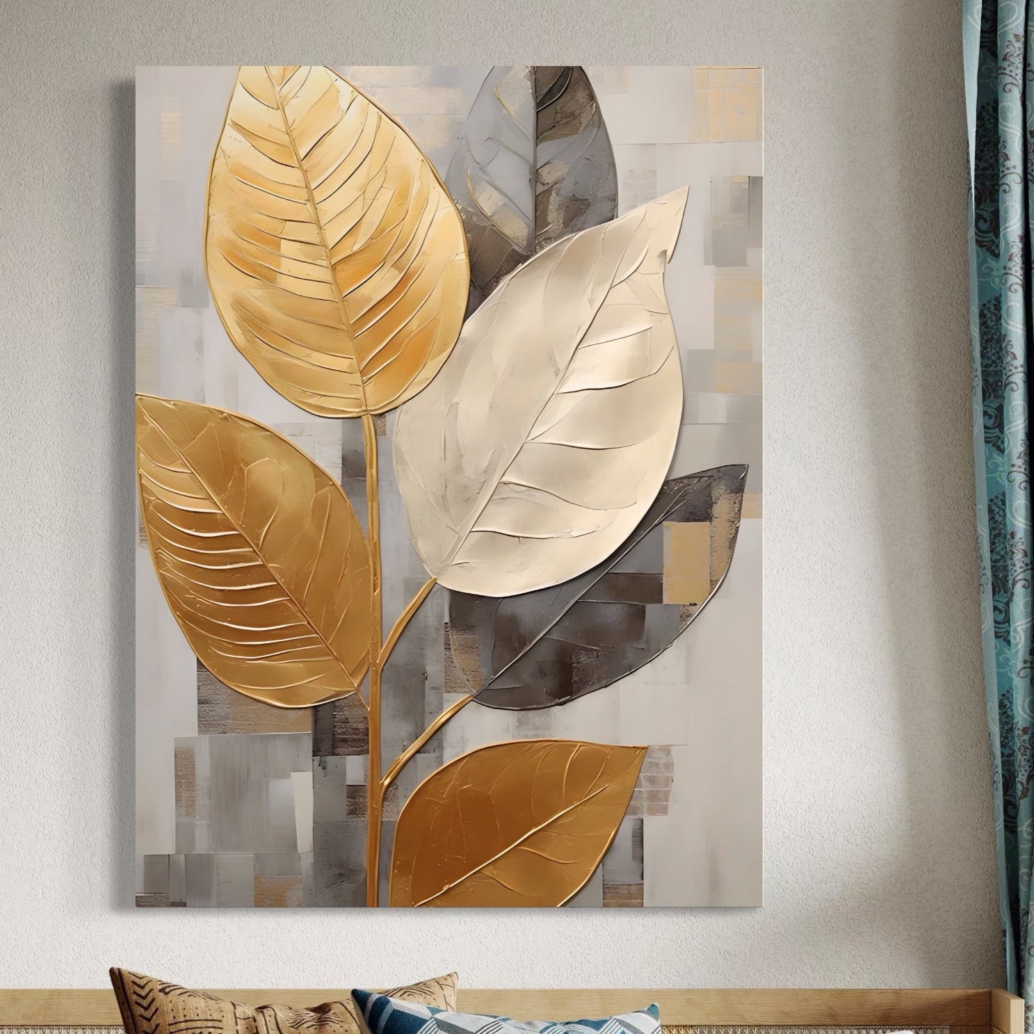 Tablou Canvas Premium LuxCanva® A1560, Simfonia Frunzelor , Dormitor, Decorativ, Natura, Auriu, Living, Culori Vibrante