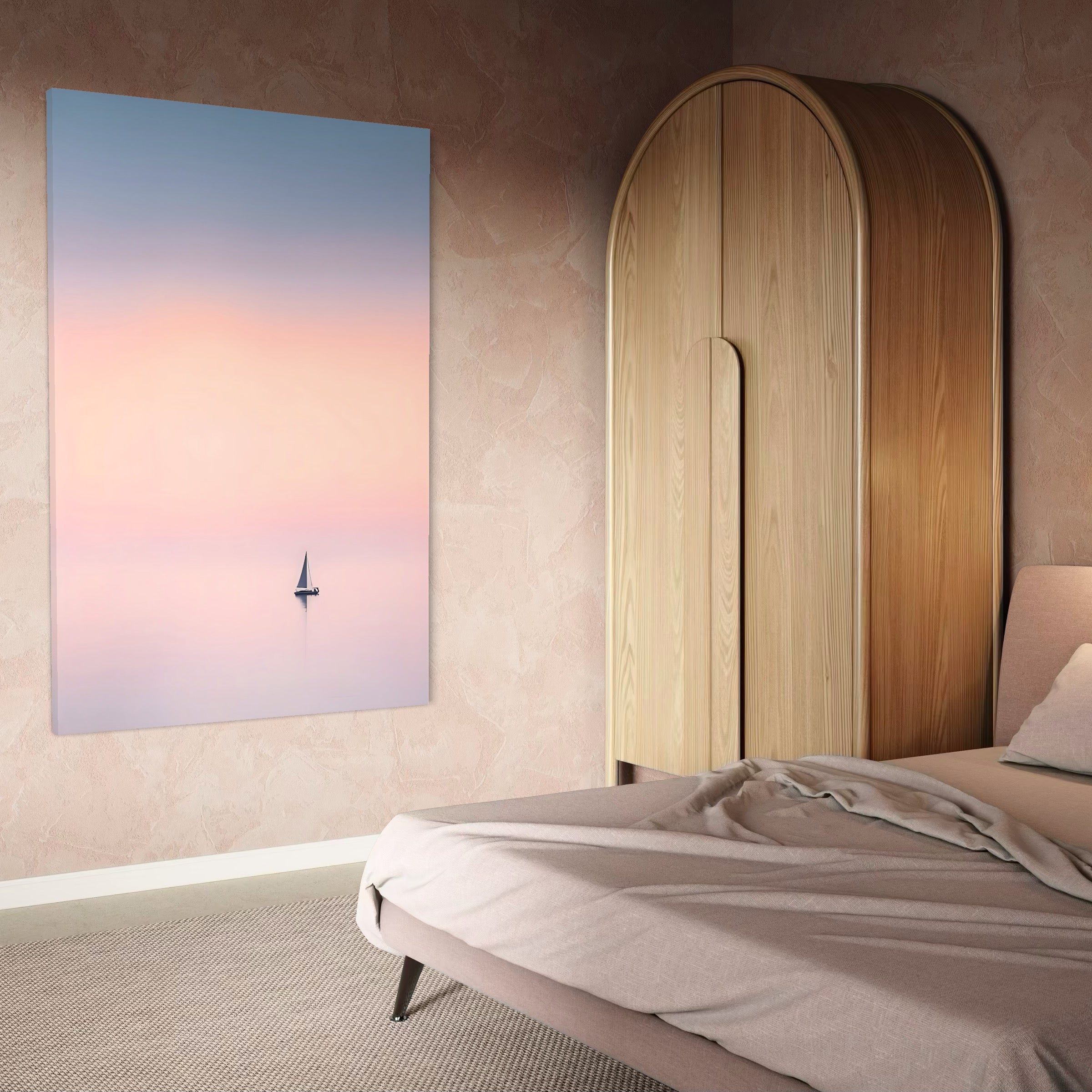 Tablou Canvas Premium LuxCanva® A1565, Undeva In Larg ,  Dormitor, Decorativ, Barca Cu Vele, Mare, Rasarit, Living, Culori Vibrante