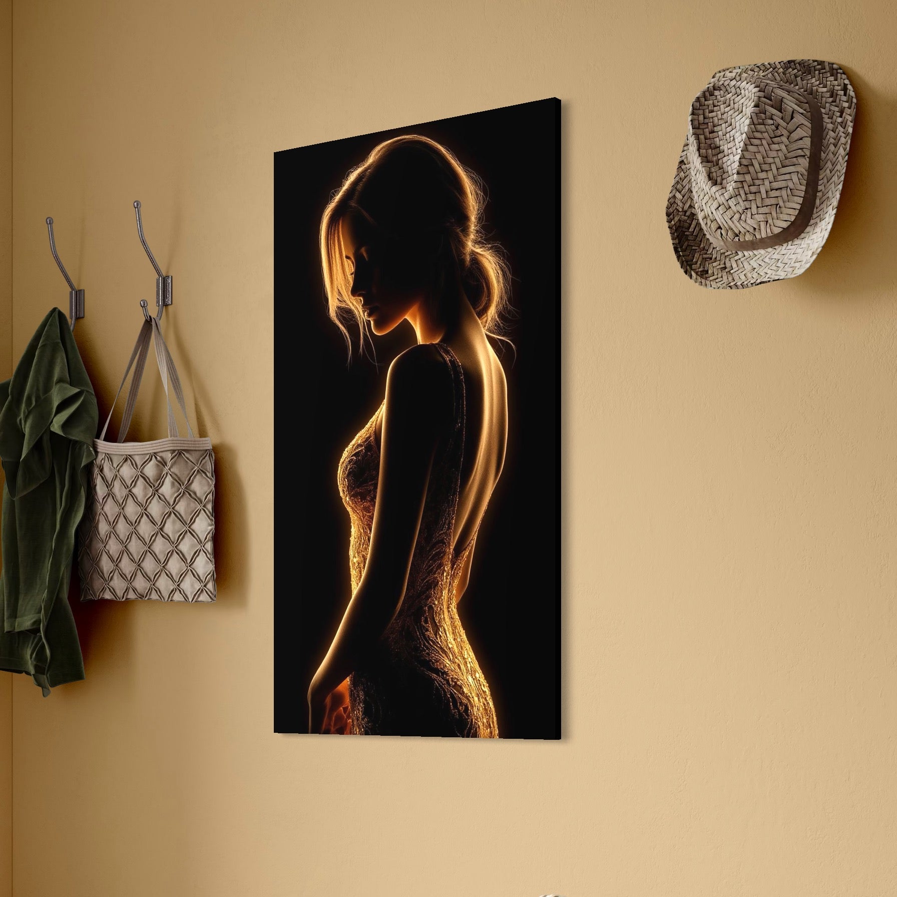 tablou canvas cu silueta luminata a unei femei intr-o rochie eleganta, pe fundal negru