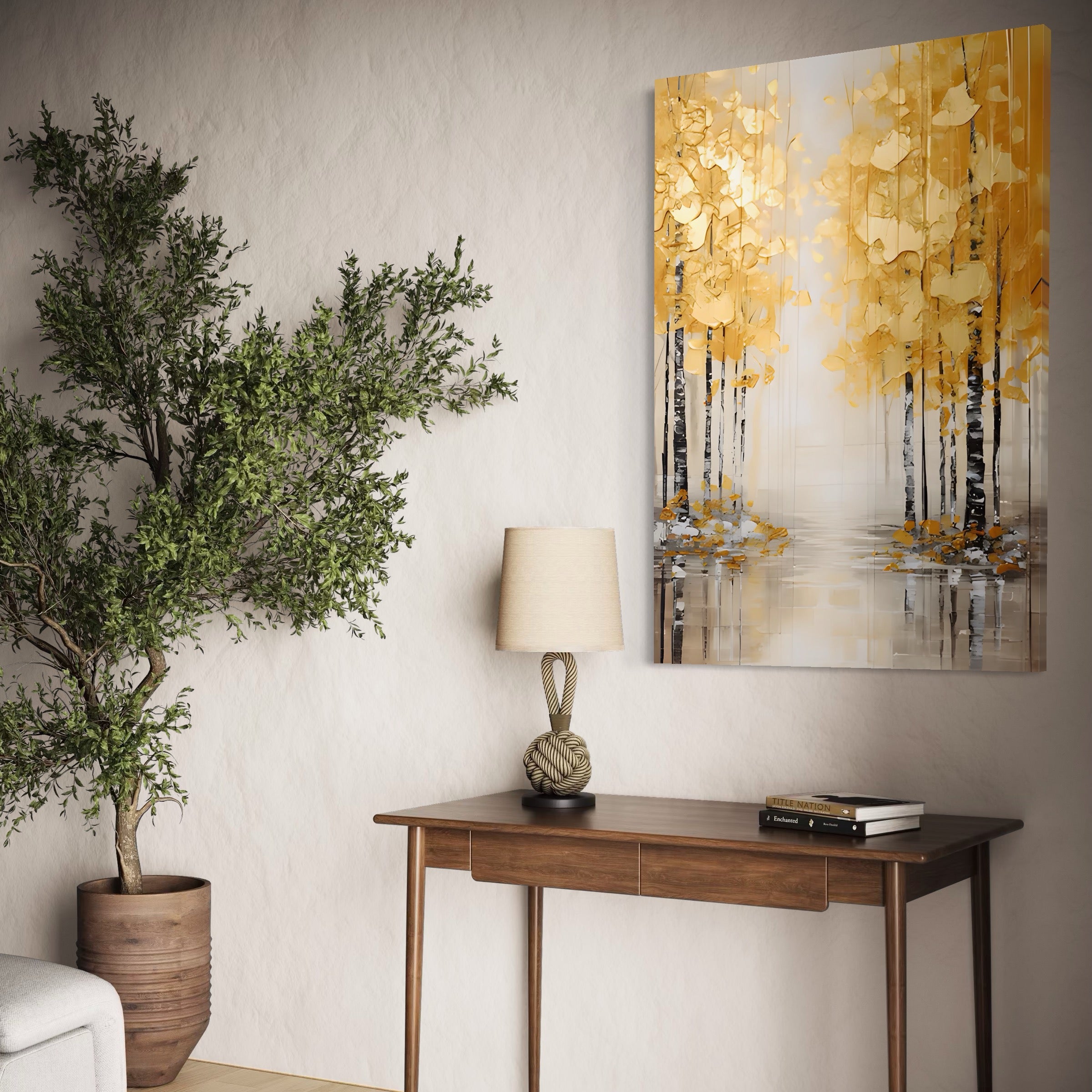 Tablou Canvas Premium LuxCanva® A1567, Copaci Aurii , Room, Living, Pom, Ploaie, Picaturi, Living, Culori Vibrante