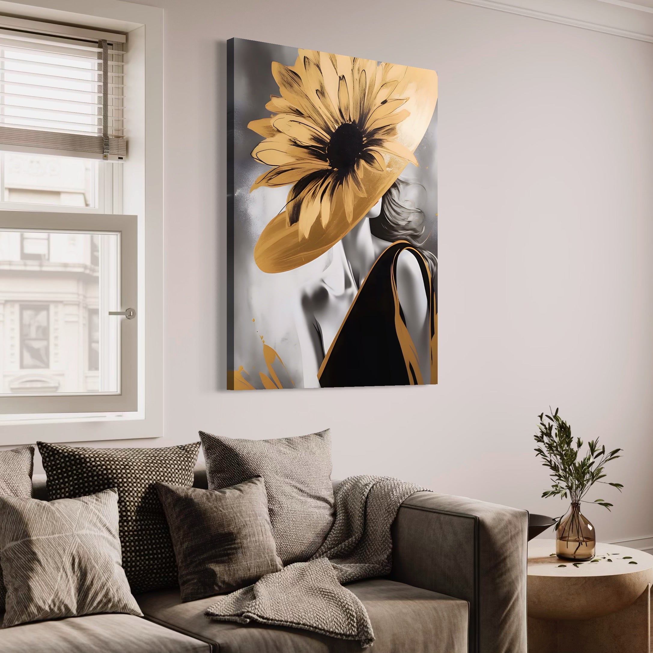 Tablou Canvas Premium LuxCanva® A1564, Cu Fata Spre Soare , Living, Palarie, Floarea Soarelui, Doamna, Dormitor, Culori Vibrante