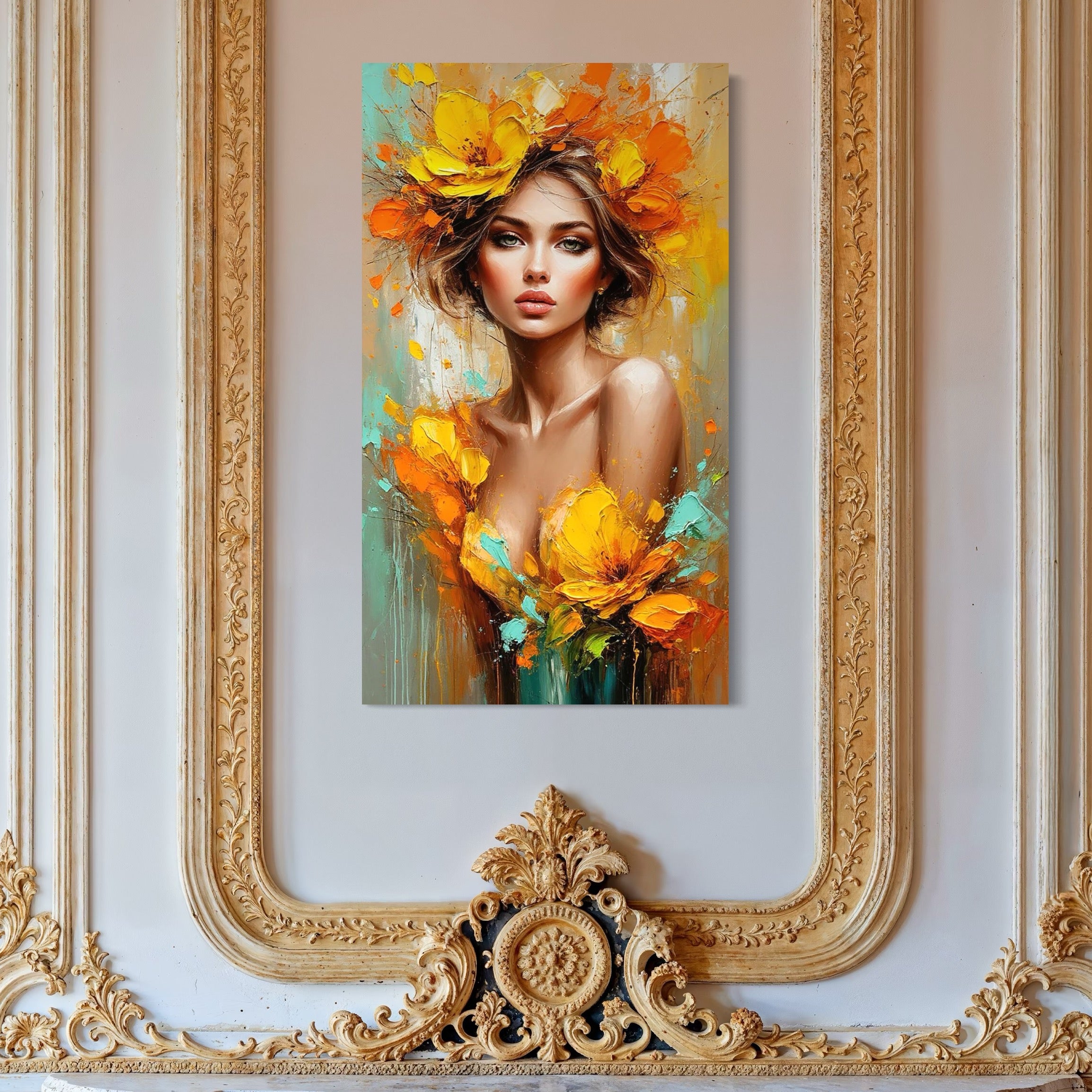 tablou canvas cu o femeie frumoasa si eleganta, cu parul si rochia decorate cu flori galbene, pe fundal pictat in nuante cald