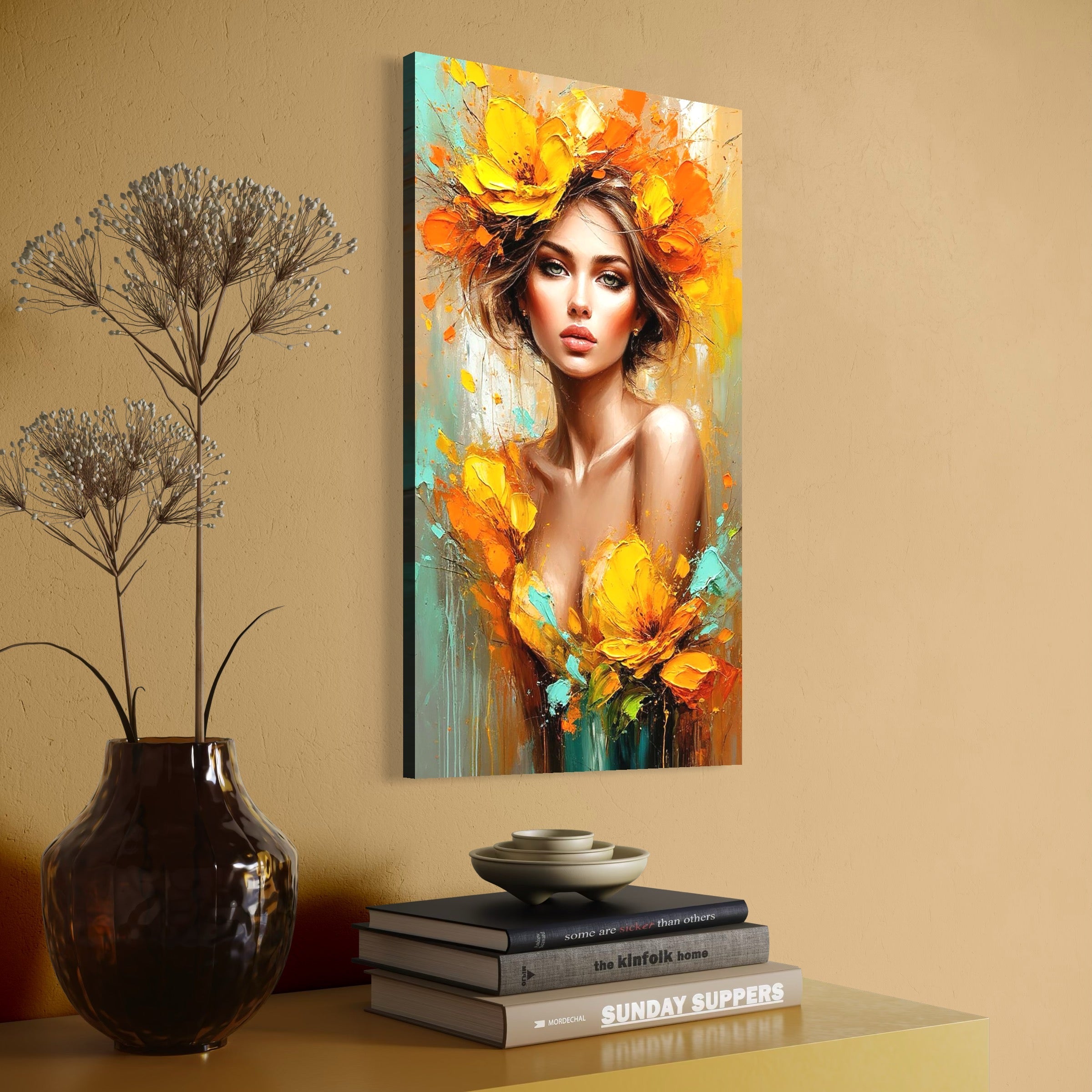 tablou canvas cu o femeie frumoasa si eleganta, cu parul si rochia decorate cu flori galbene, pe fundal pictat in nuante cald