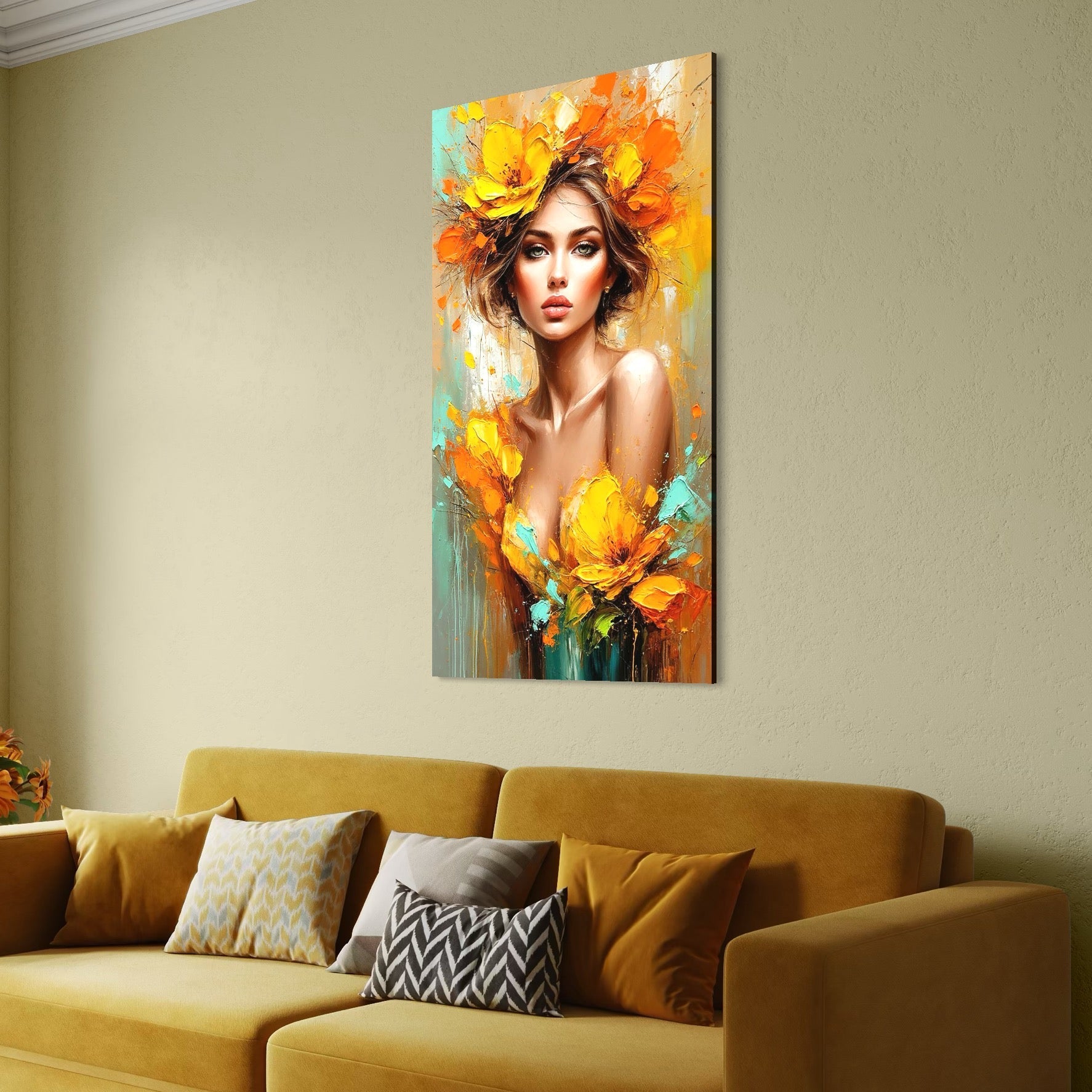 tablou canvas cu o femeie frumoasa si eleganta, cu parul si rochia decorate cu flori galbene, pe fundal pictat in nuante cald