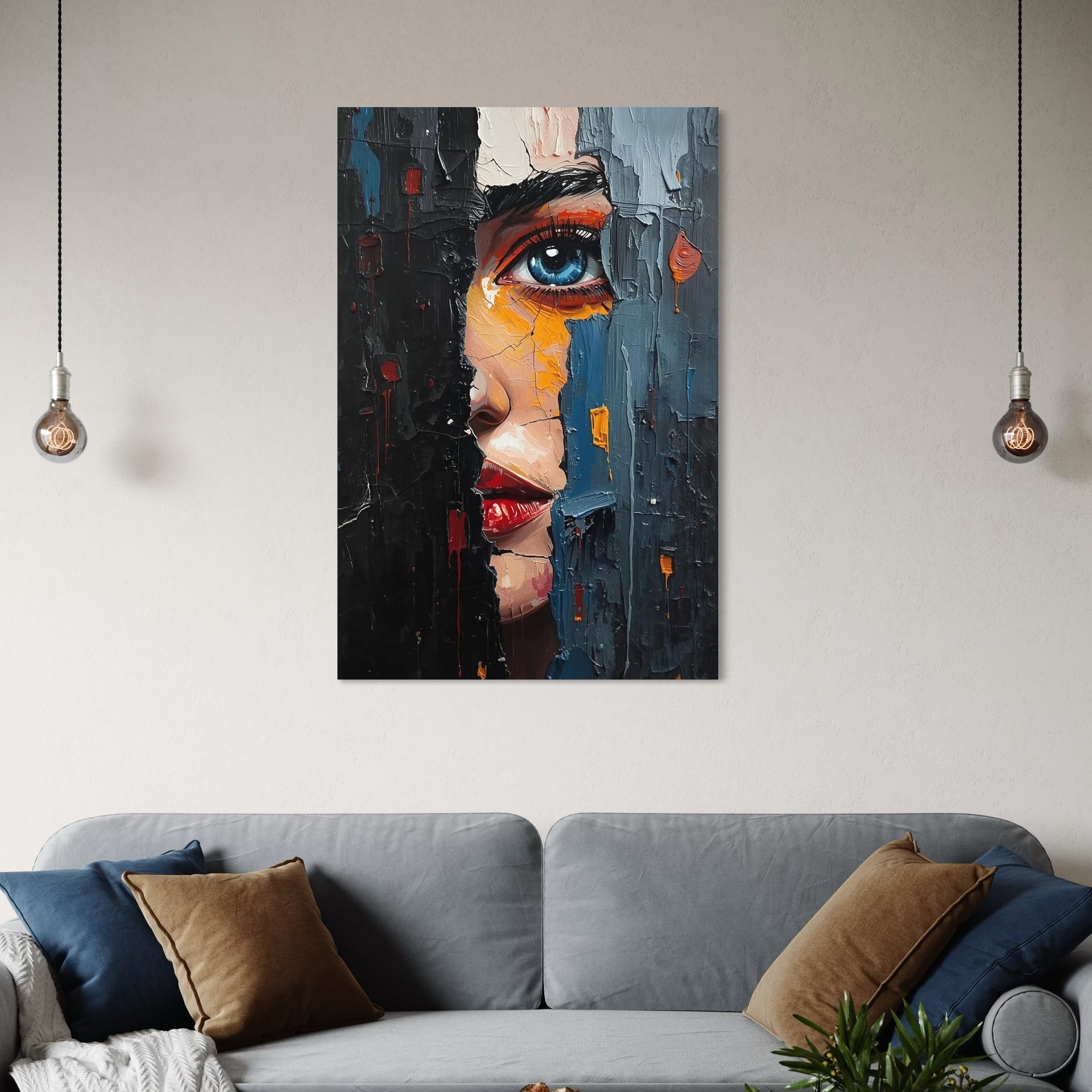 tablou canvas cu un chip de femeie cu ochii albastri si buzele rosii, pictata in nuante reci de albastru, negru si gri, intr-un cadru urban