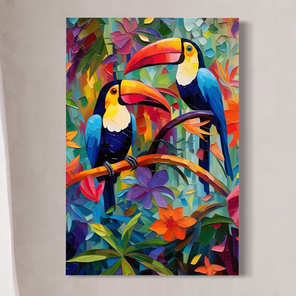 Tablou Canvas Premium LuxCanva® A1572, Iubirea Tucanilor , Room, Pasari, Colorat, Tropical, Flori, Living, Culori Vibrante