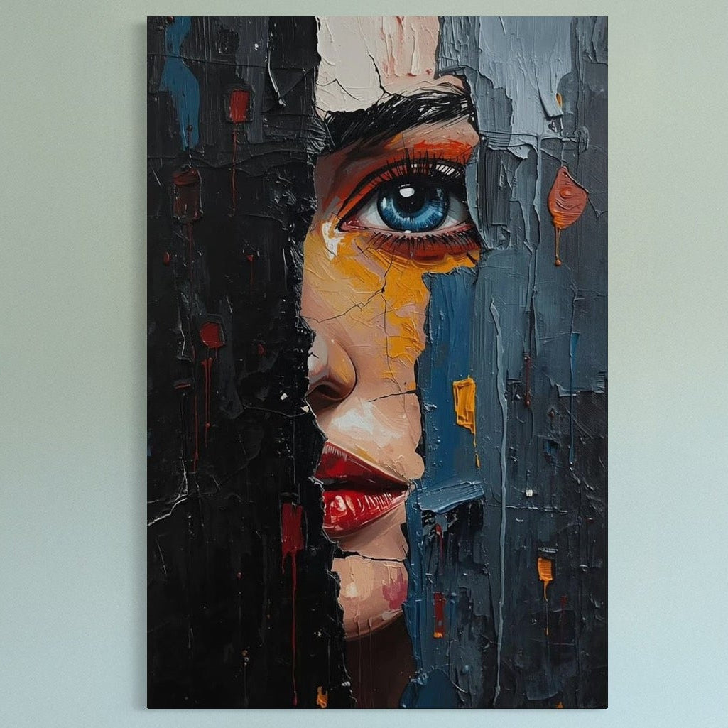 tablou canvas cu un chip de femeie cu ochii albastri si buzele rosii, pictata in nuante reci de albastru, negru si gri, intr-un cadru urban