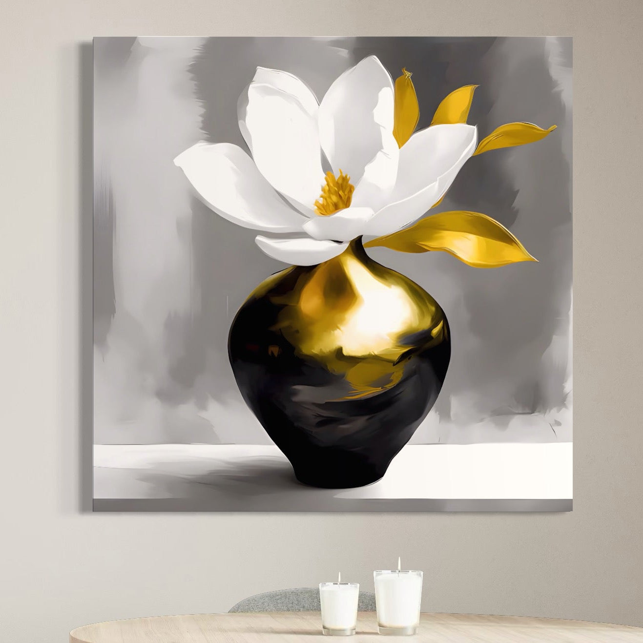 Tablou Canvas Premium LuxCanva® A1576, Armonie In Culori , Living, Floare, Vaza, Auriu, Planta, Room, Culori Vibrante