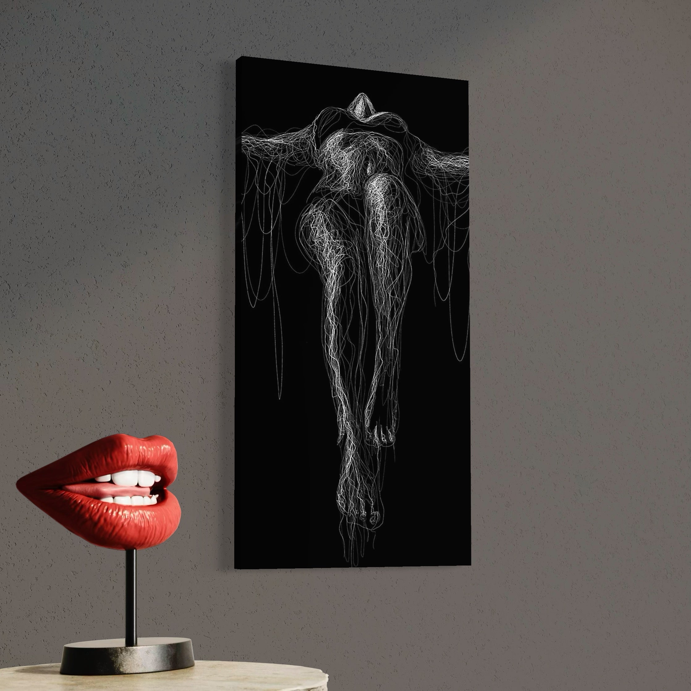 tablou canvas cu silueta unei femei, redata in fire si linii abstracte, in nuante de alb si negru