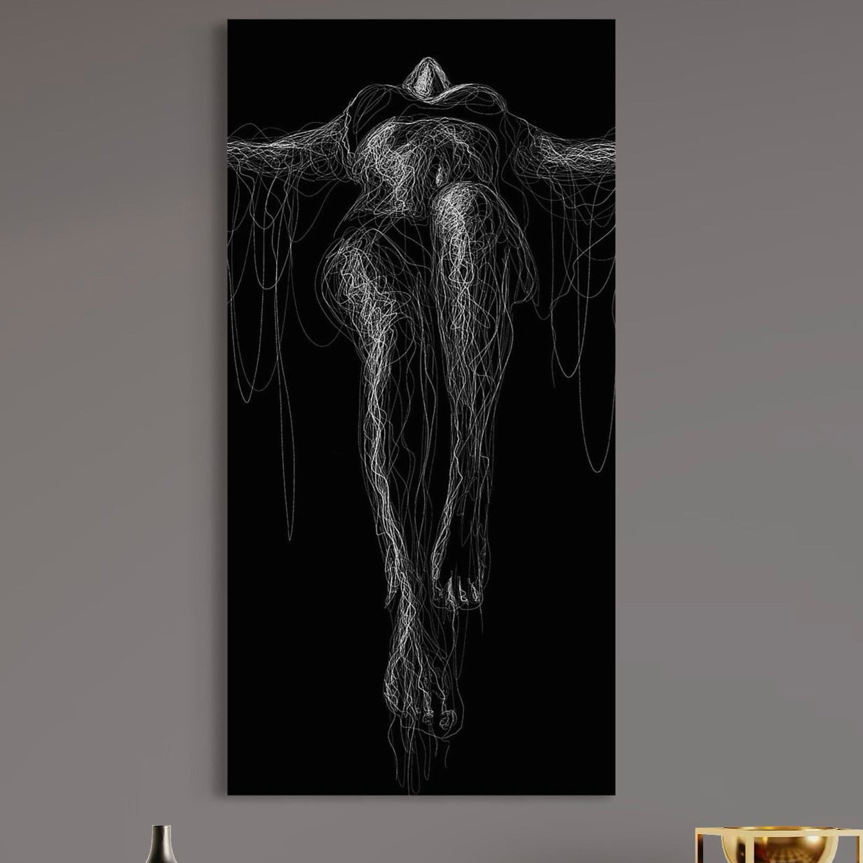 tablou canvas cu silueta unei femei, redata in fire si linii abstracte, in nuante de alb si negru