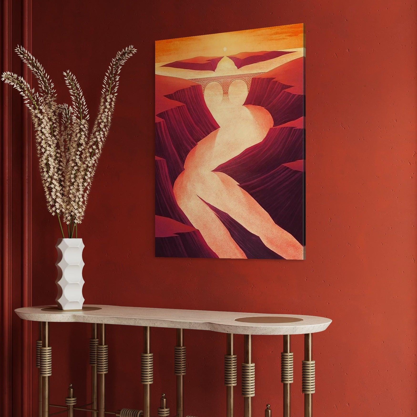 tablou canvas cu o iluzie optica reprezentand trupul unei femei sexy, si un peisaj cu un rau si un pod sub apus de soare indian