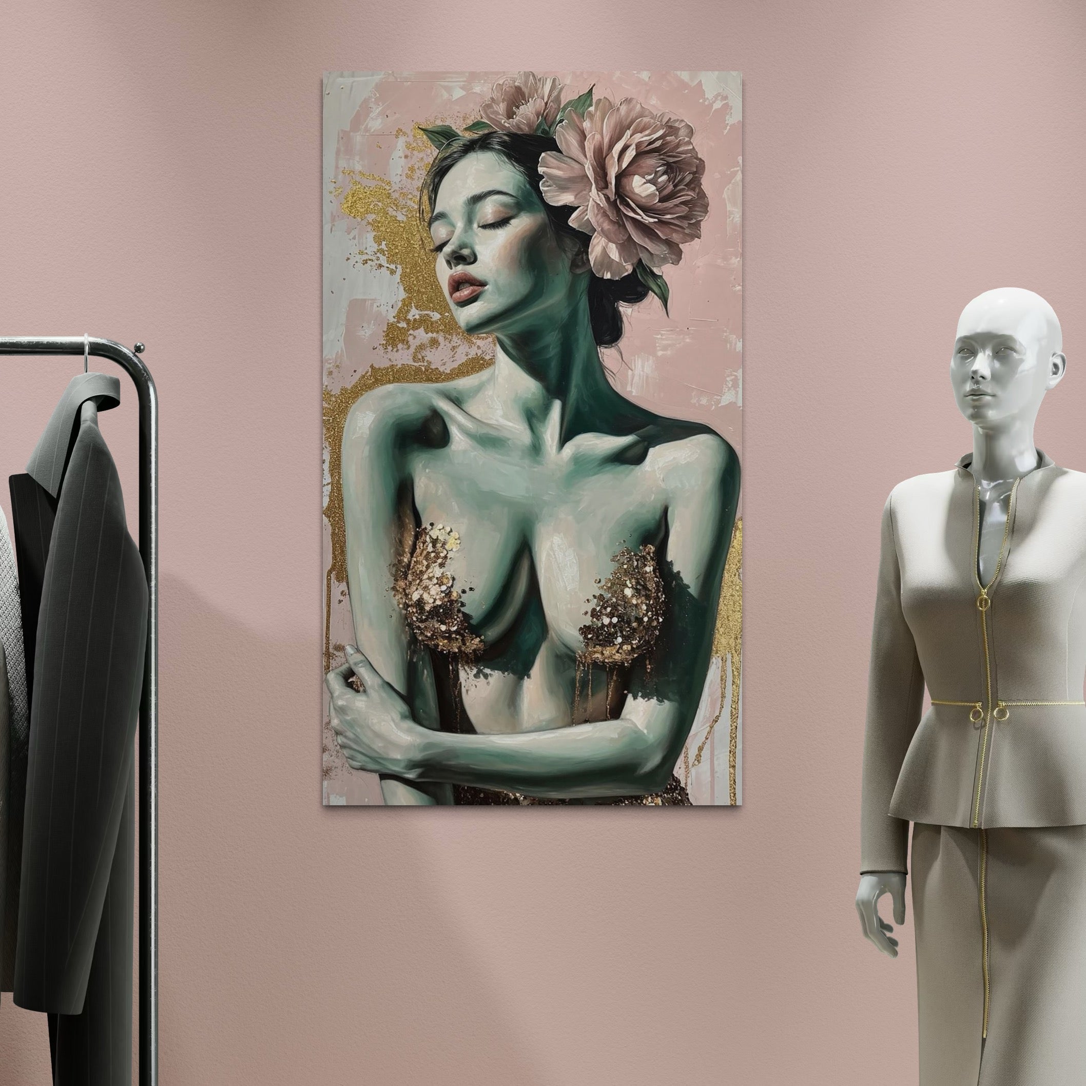 tablou canvas cu o femeie cu trandafiri roz in par, o costumatie aurie sexy pe fundal pictat in nuante de pastel