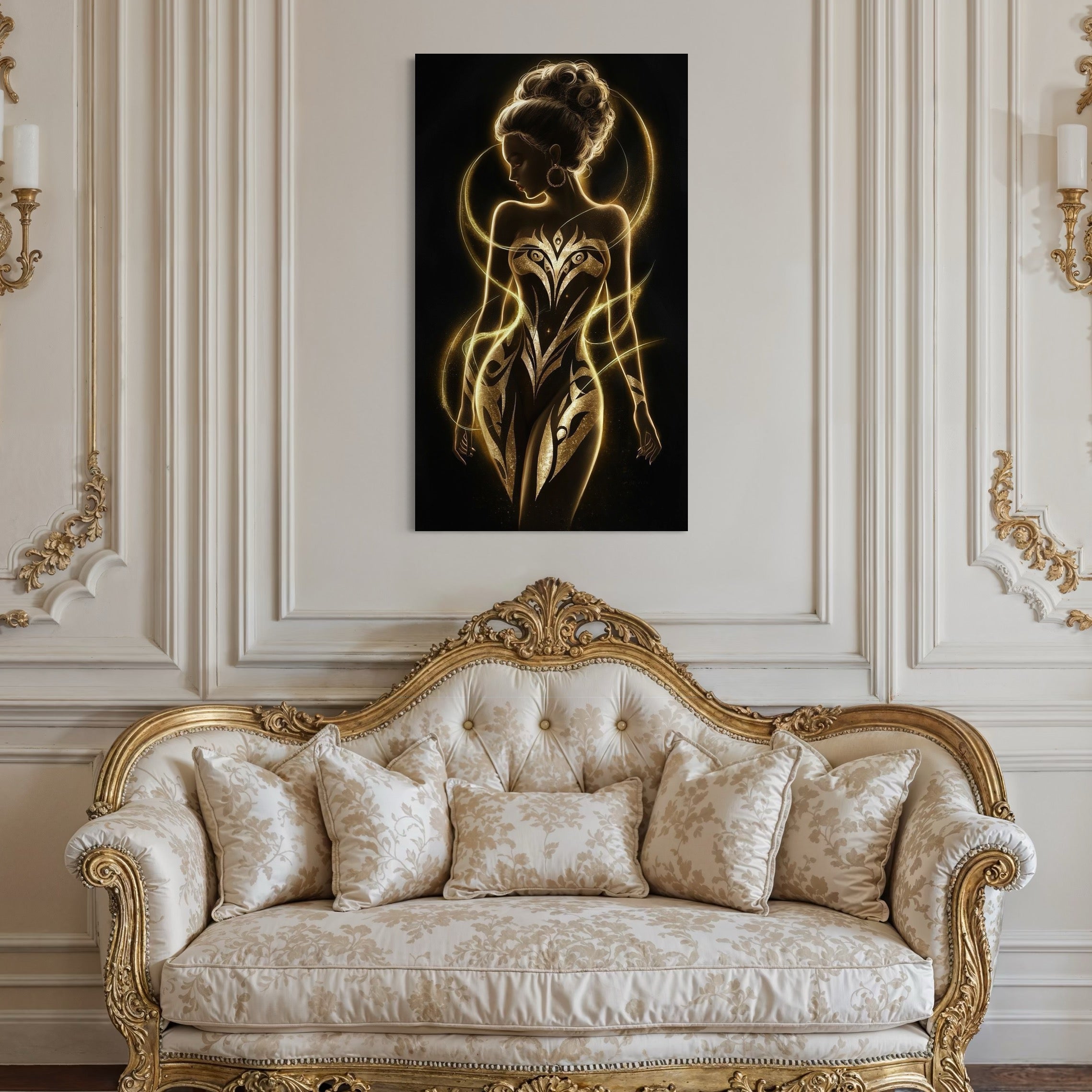 Tablou Canvas Premium, LuxCanva® P1049, Dansul Aurului, Regina, Lumina, Silueta, Divin, Spirit, Aurora, Feminitate, Energie, Solar, Regal, Trup, Sacru, Gratie, Cosmic, Living, Dormitor