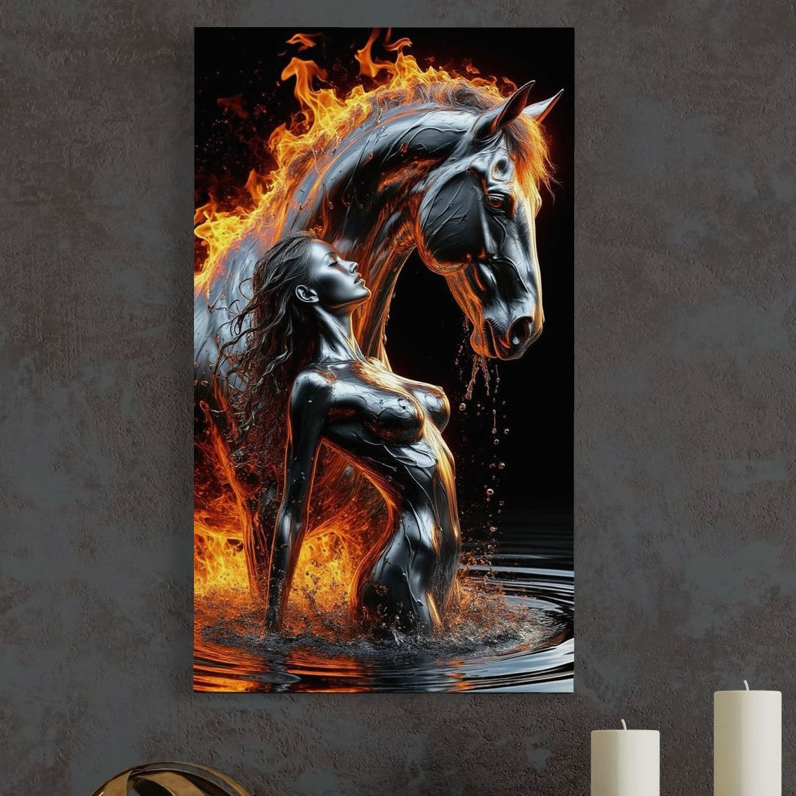 Tablou Canvas Premium, LuxCanva® P1050, Spirit Animalic, Foc, Armasar, Renastere, Jar, Metal, Elemental, Vulcanic, Infern, Apa, Contrast, Mistic, Intensitate, Dorinta, Living, Dormitor