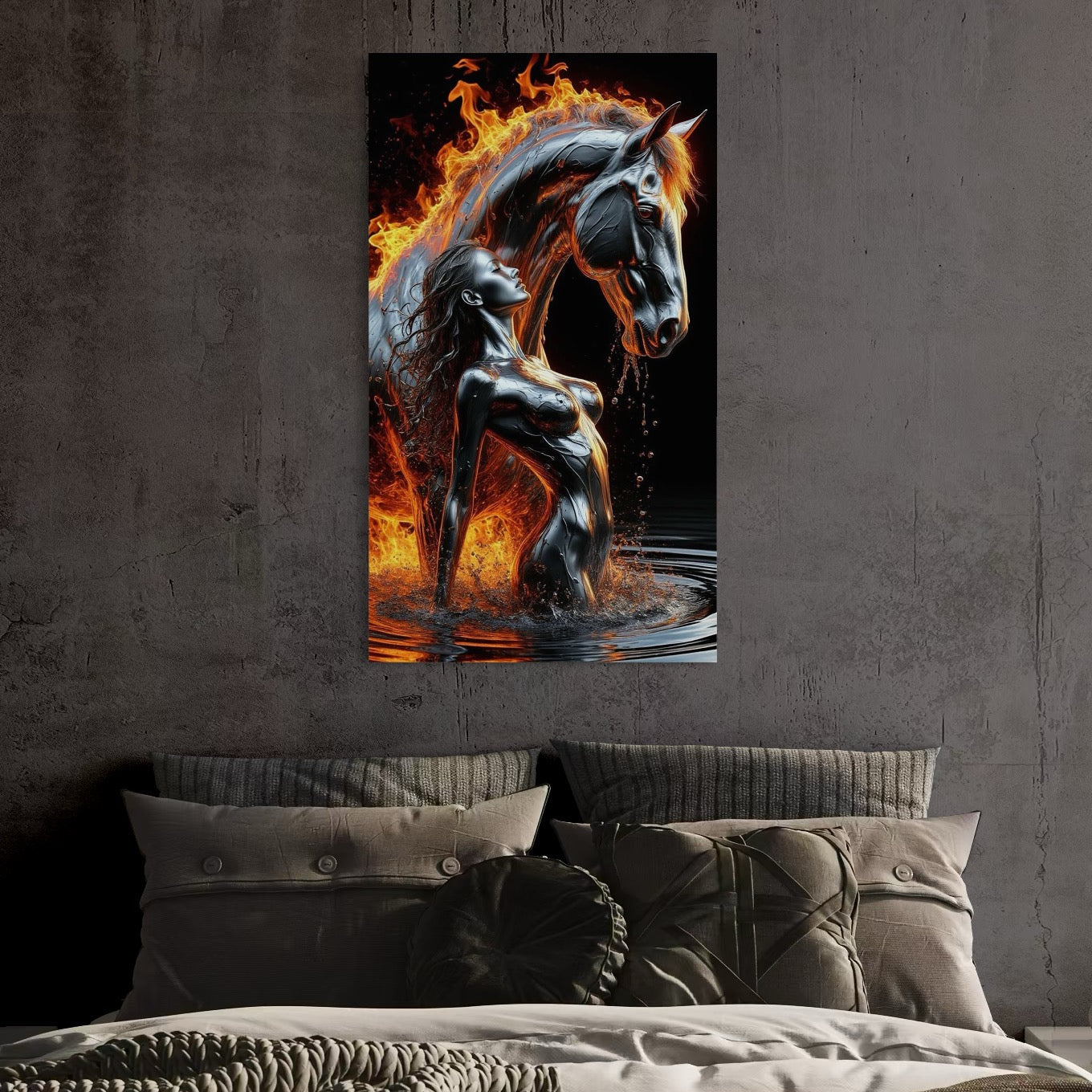 Tablou Canvas Premium, LuxCanva® P1050, Spirit Animalic, Foc, Armasar, Renastere, Jar, Metal, Elemental, Vulcanic, Infern, Apa, Contrast, Mistic, Intensitate, Dorinta, Living, Dormitor