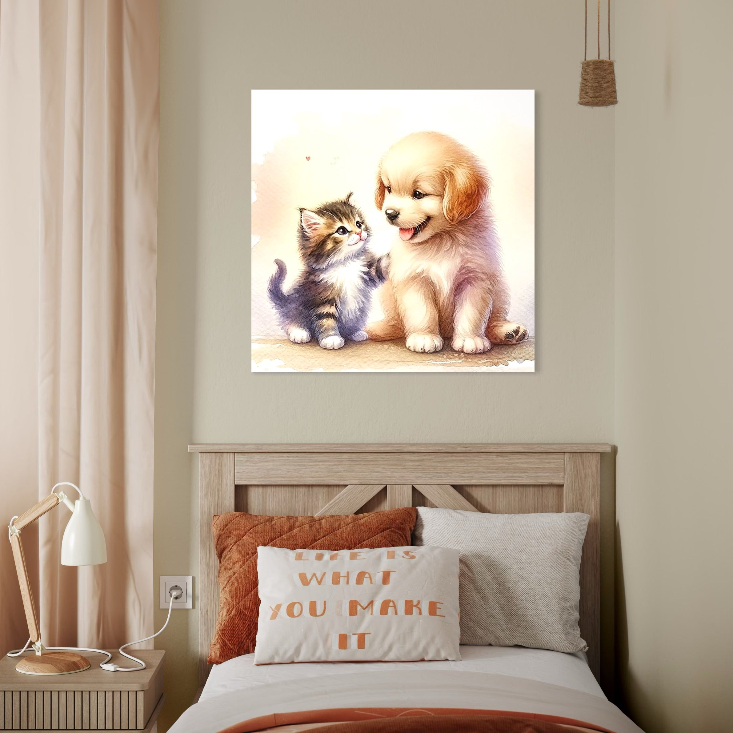 tablou canvas cu un catelus si o pisicuta, pictati pe un fundal alb