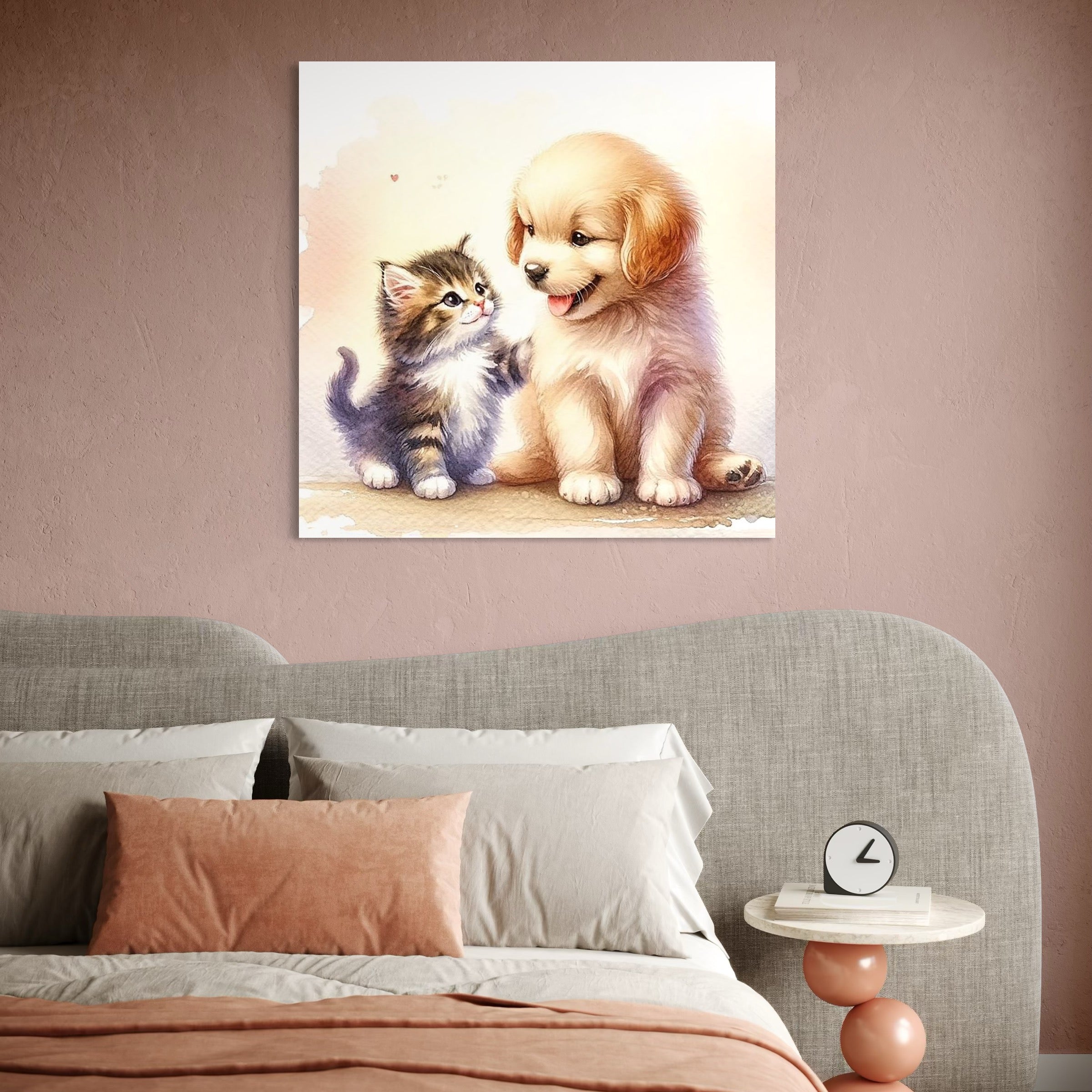 tablou canvas cu un catelus si o pisicuta, pictati pe un fundal alb